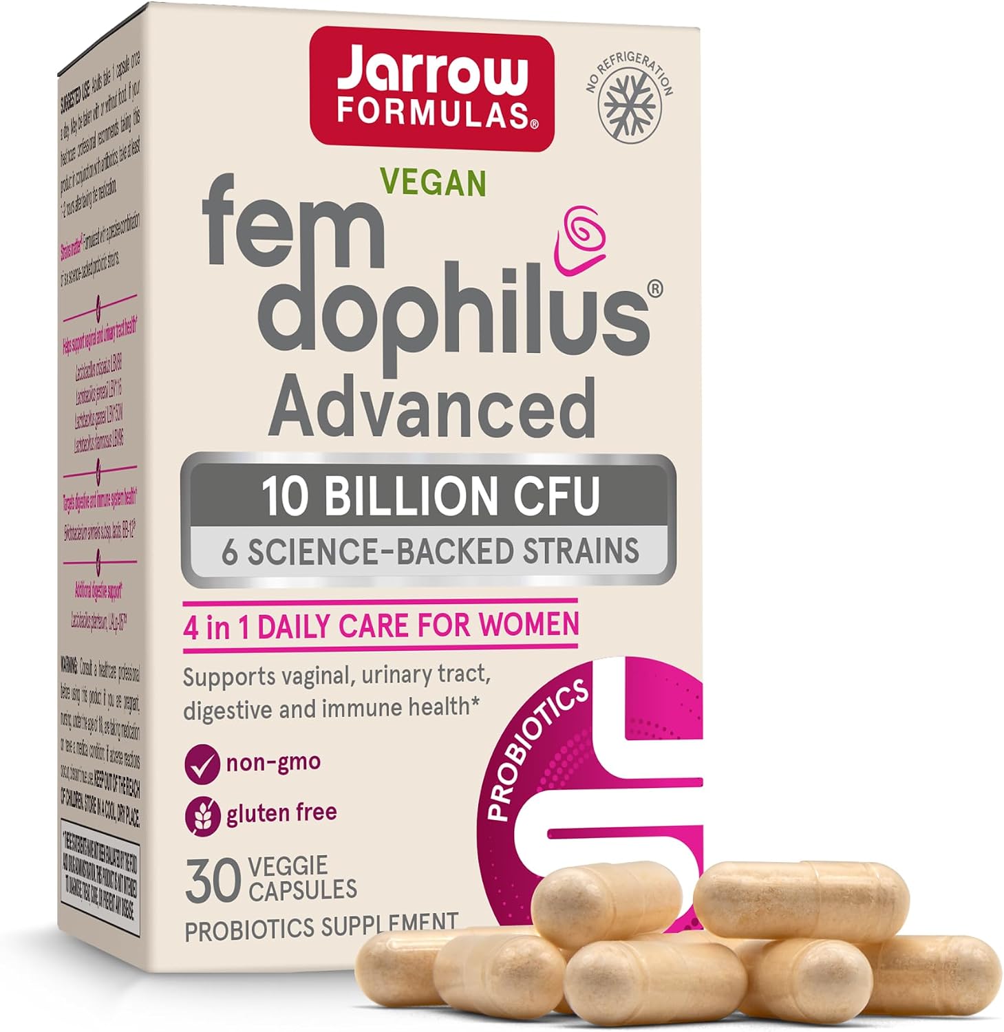 Jarrow Formulas Fem-Dophilus Advanced Vaginal & Digestive Probiotics 10 Billion CFU with 6 Science Backed Strains, for Vaginal, Urinary Tract, Digestive & Immune Support, 30 Capsules, Shelf-Stable