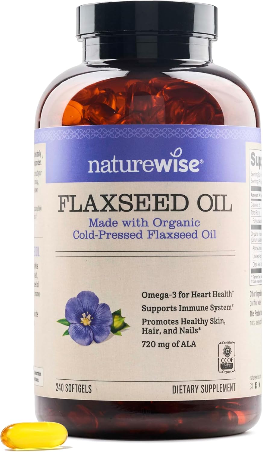 NatureWise Flaxseed Oil 1200 mg, Fish Free Omega 3 6 9 with 720mg ALA - CCOF Certified Organic Flaxseed Oil - Plant-Based Omega - Cold Pressed, Non-GMO - 240 Softgels[8-Month Supply]