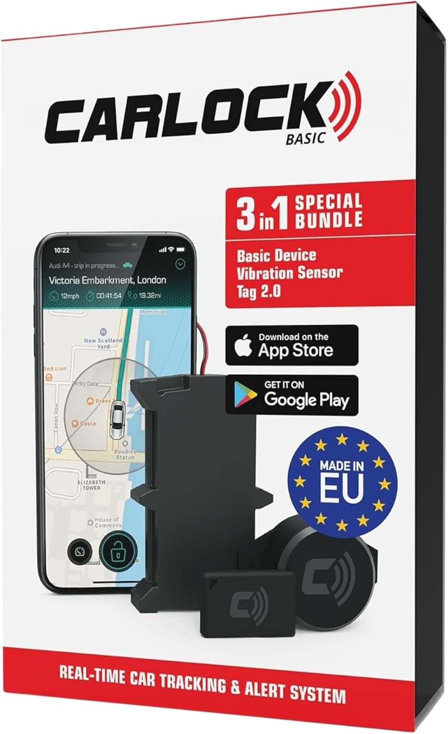 CARLOCK Basic Anti Theft Car Device Security System - Wired Car GPS Tracker, Vibration Sensor, & Car TAG - Car Alarm System - Phone Apps & Instant Alerts - Van Vehicle Tracker