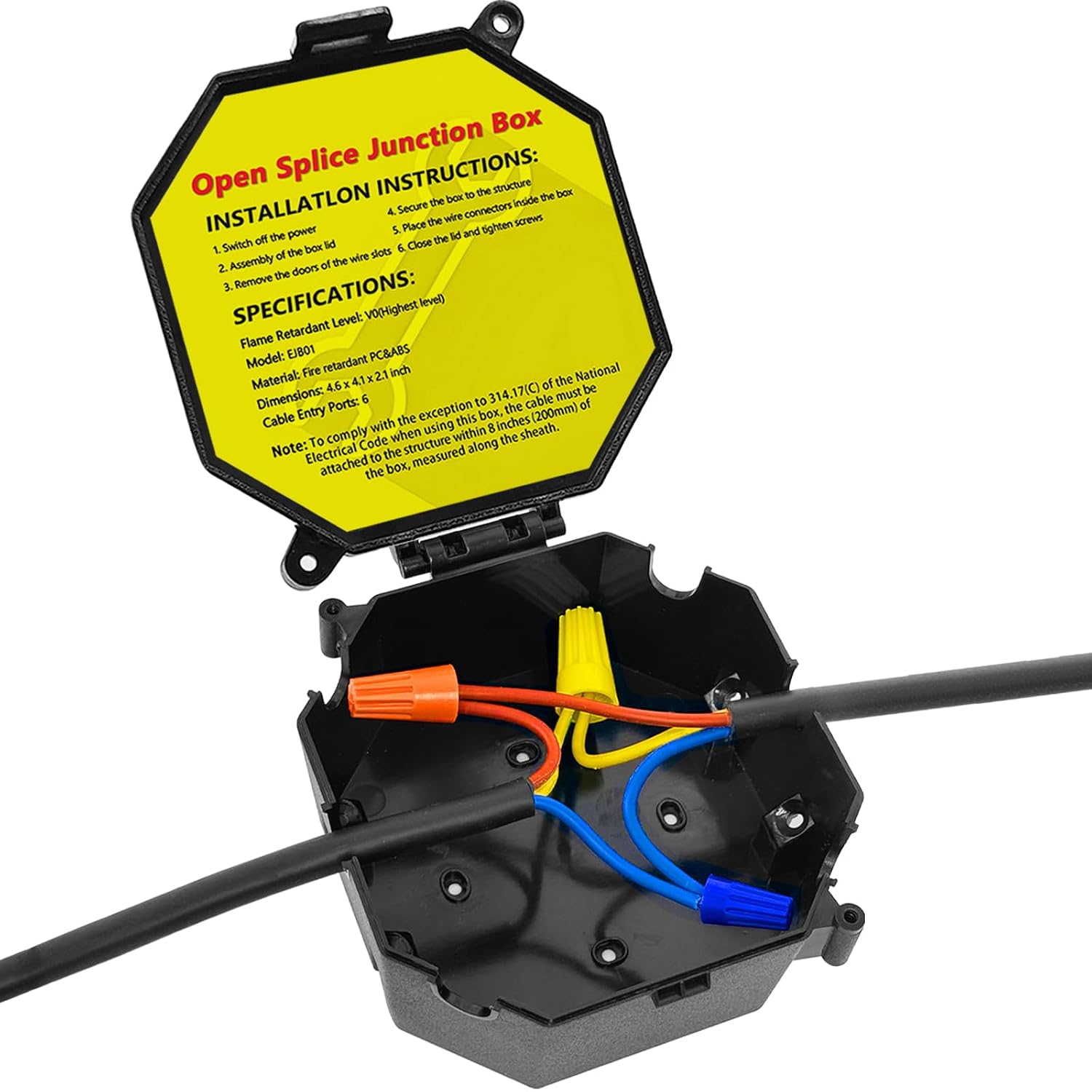 Black Open Splice Junction Box (Single), Electrical Splice Box Wire Junction Box with Cover V0 Flame Retardant Rating(Highest Level)