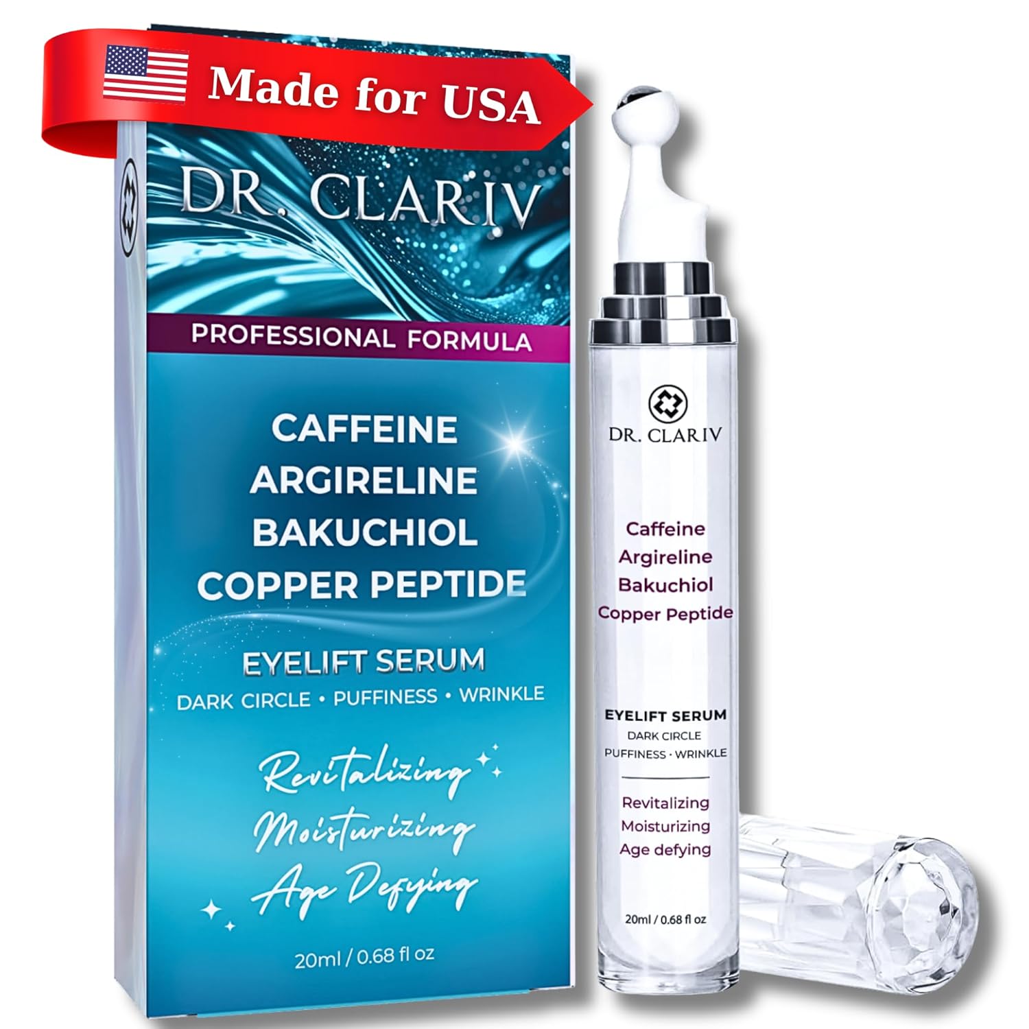 Caffeine + Bakuchiol Eye Serum for Dark Circles, Puffiness Eyes with Argireline & Copper Peptides (GHK-Cu) – Roll-on Under Eye Serum, Anti-Aging Wrinkle Care for Fine Lines– 20ml