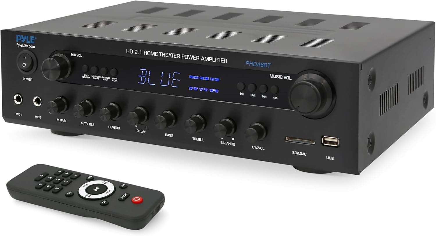 Pyle 400W Stereo Amplifier Receiver - BT Home Audio Amplifier with USB/SD Readers, FM Radio, 3.5mm Aux, Phono, Optical & Coaxial Inputs, LED Display, Mic Inputs, Built-in 2 in 1 HDMI Switch
