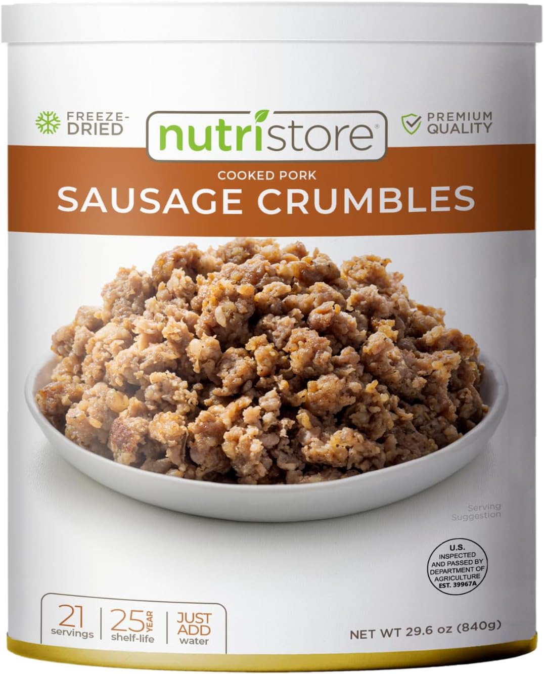 Nutristore Freeze Dried Sausage | Pre-Cooked Ground Pork Meat for Backpacking, Camping, Meal Prep | Long Term Survival Emergency Food Supply | 25 Year Shelf Life | Bulk #10 Can | Made in USA | 34.9 oz