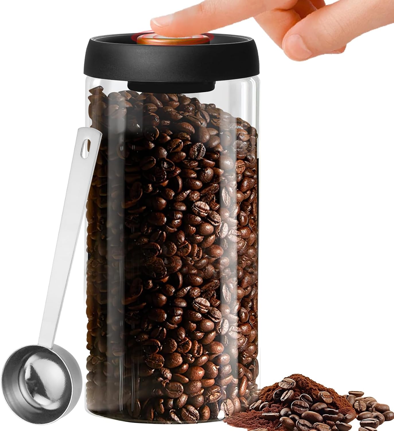 1800ML Airtight Coffee Canister: Leak Proof Vacuum Coffee Canister, Glass Coffee Bean Storage Jar with 30ml Measuring Spoon, Glass Food Storage Container for Beans, Tea, Flour