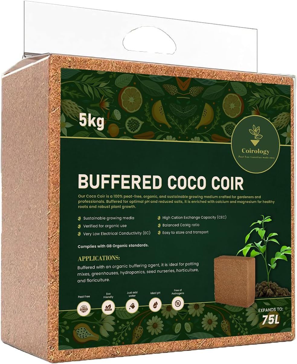 COIROLOGY Organic Buffered Coco Coir Block 5KG | Peat-Free Pre-Washed Compressed Coconut Fiber Growing Medium | Ideal Potting Compost Soil Mix for Seed Starting, Indoor House Plant Soil & Garden Beds