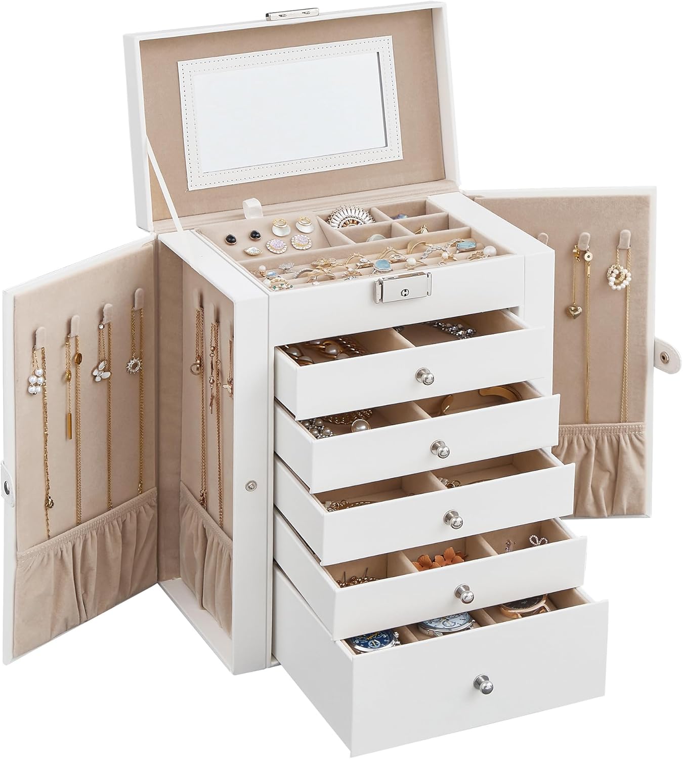 SONGMICS 6 Tier Jewelry Box, Jewelry Storage Organizer with 5 Drawers, Large Storage Capacity, with Mirror, Lockable, Jewelry Case, Gift for Loved Ones, For Watches, White UJBC152W01