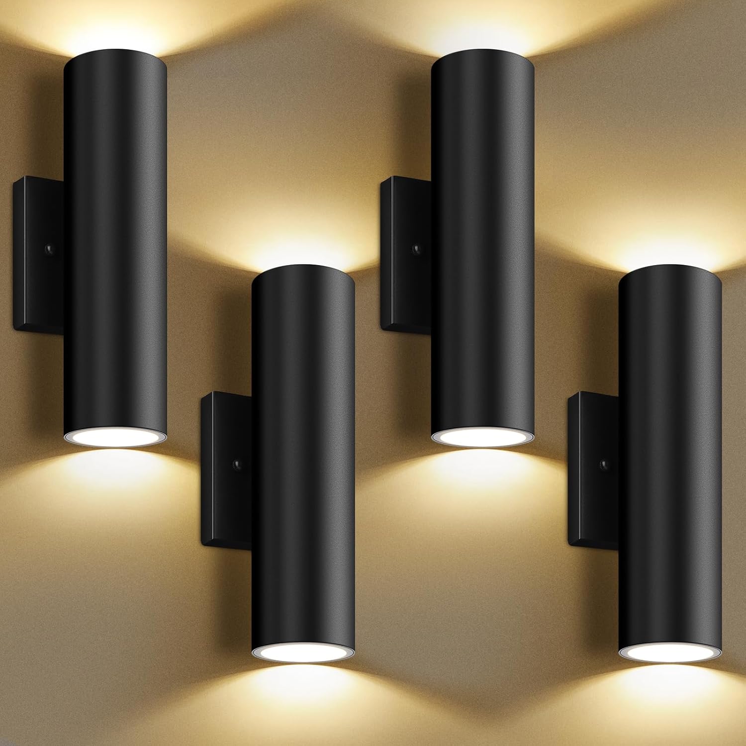 4-Pack Modern Outdoor Wall Light, 12W 3000K LED Cylinder Exterior Light Fixtures with Tempered Glass Cover, Waterproof Up and Down Wall Sconce for Porch House Garage Patio