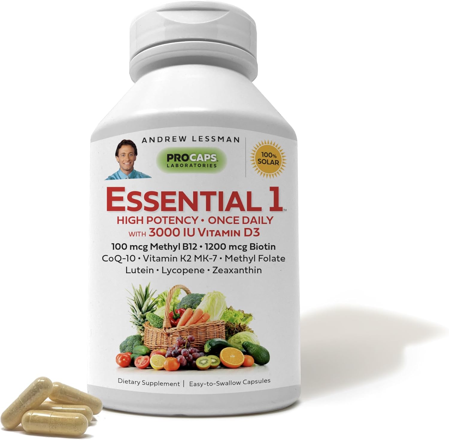 ANDREW LESSMAN Essential-1 Multivitamin 3000 IU Vitamin D3 60 Small Capsules – 100 mcg Methyl B12. CoQ10 Lutein Lycopene Zeaxanthin. High Potency. No Additives. Gentle Ultra-Mild. One Daily Capsule