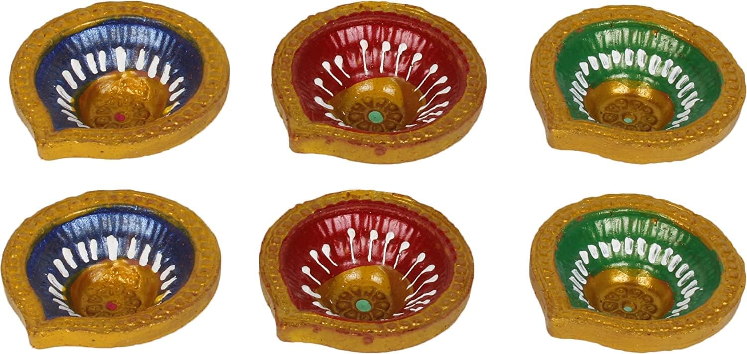 Pound Veg Set of 6 Handmade terractor Diwali Diya Multicolour Oil Lamps for Pooja Deepak Decoration Rangoli Diva Deepam Decorative Lighting Accessories Traditional Indian Festival Decor