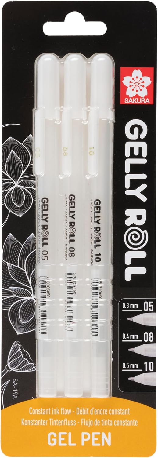 SAKURA 05/08/10 Gel Pens, Bright White Ink, Pack of 3