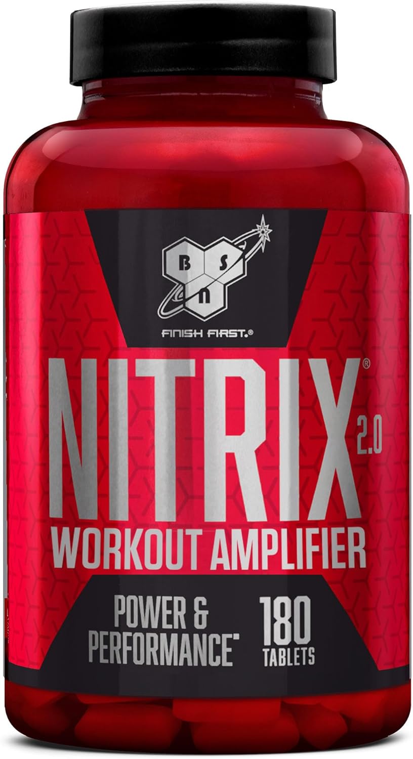 BSN Nitrix 2.0 supplement, concentrated nitric oxide precursor formula Tablets with Creatine, L-Citrulline, Niacin and Herbal Extracts, Power & Performance, Unflavoured, 180 capsules, 60 Servings
