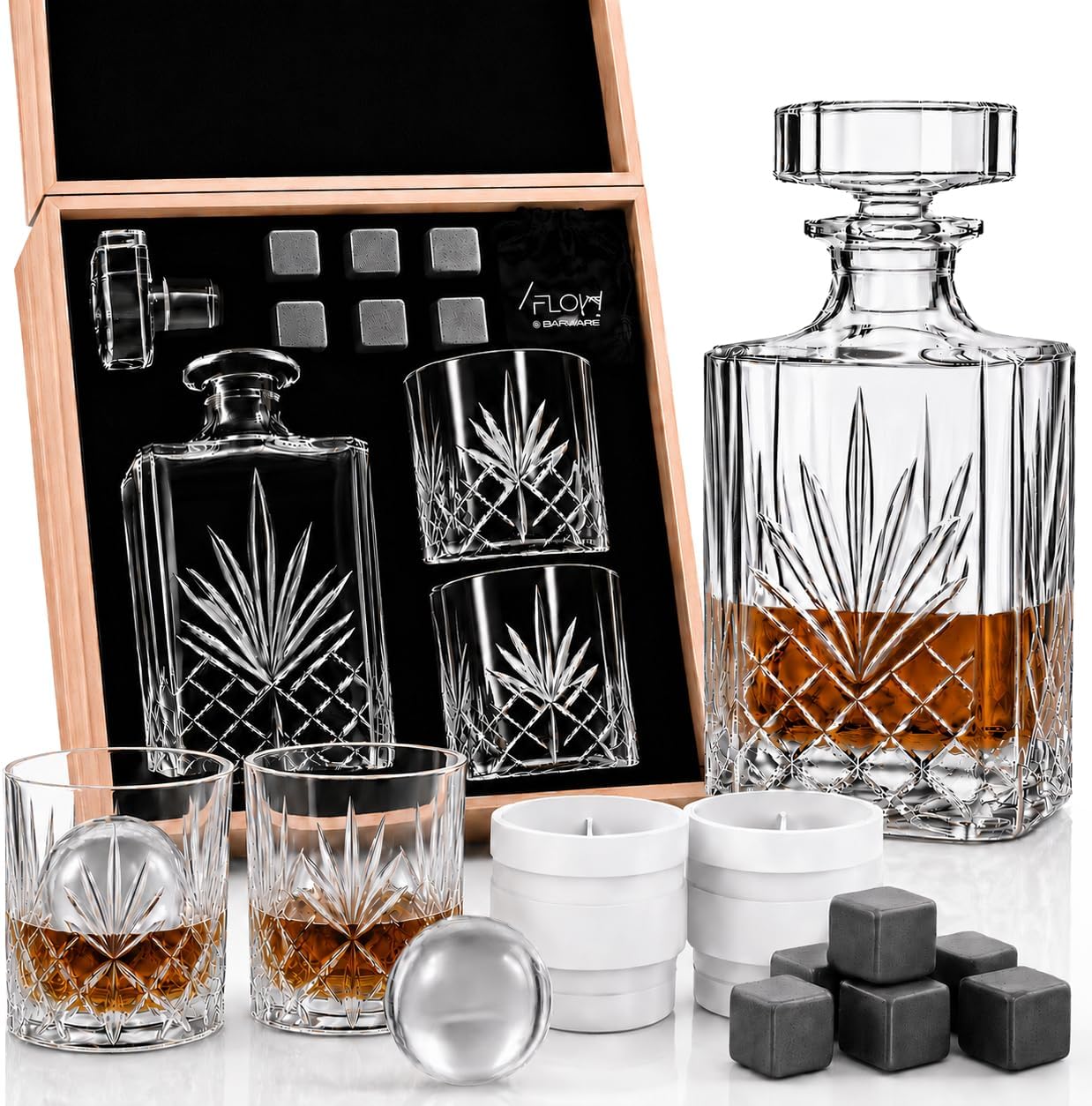 Flow Barware Classic Whisky Decanter & Glasses Gift Set, 750ml Decanter, 2 Whisky Tumblers, 6 Granite Stones, 2 Ice Ball Moulds, Wooden Display Box, Whiskey Gift Set for Men