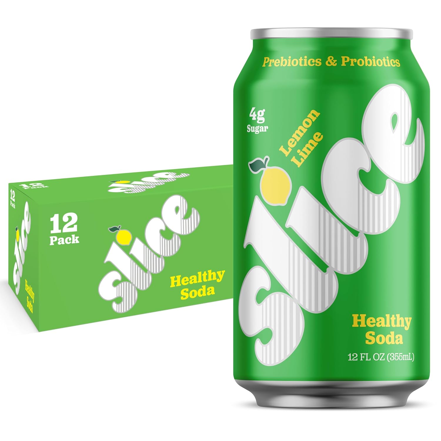 Slice Healthy Soda, Lemon Lime, Prebiotic & Probiotic Soda Pop, 5g Fiber, 35 calories, 12 fl oz 12 Pack