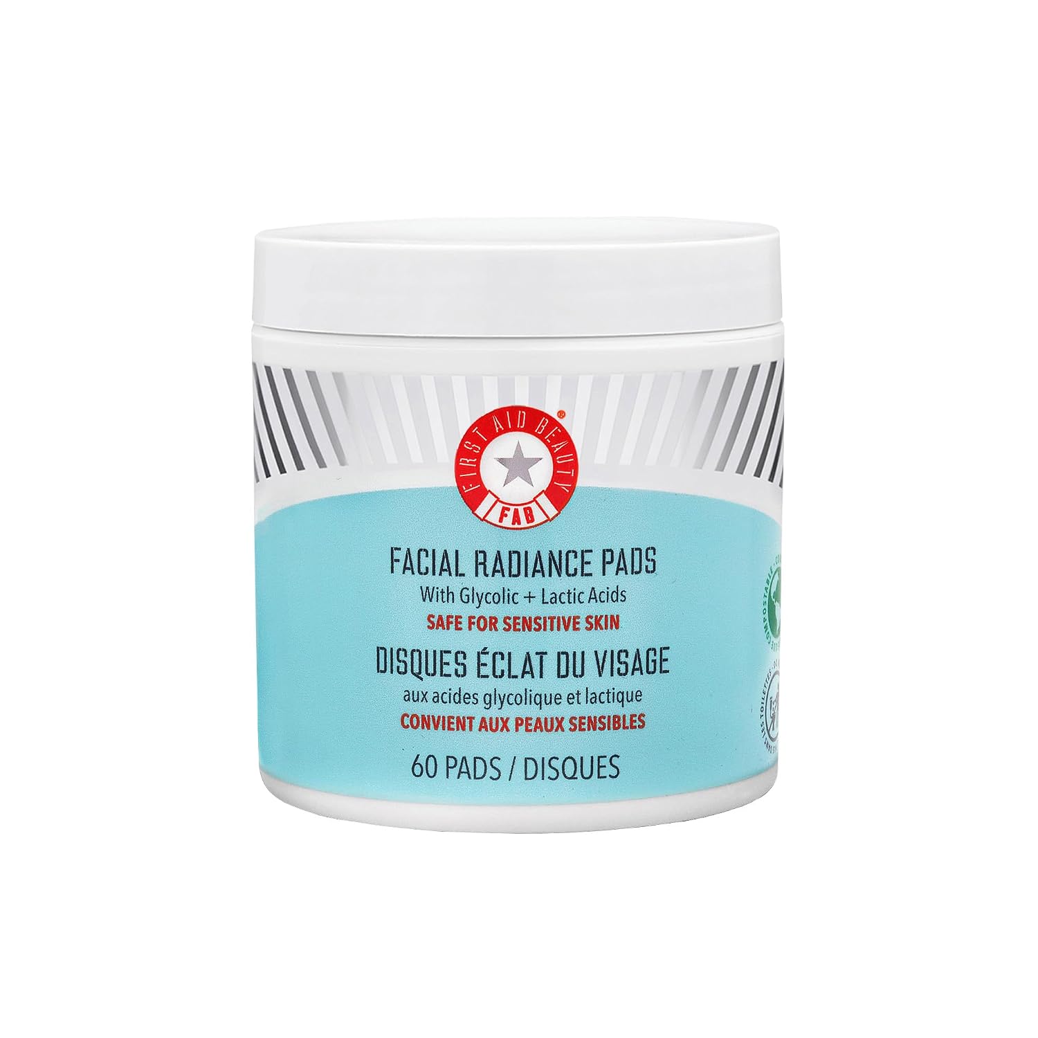 First Aid Beauty - Facial Radiance Pads with Glycolic & Lactic Acids, Daily Exfoliating pads with AHA that Help Tone & Brighten Skin, One-Step Makeup Prep, Compostable for Daily Use, 60 ct