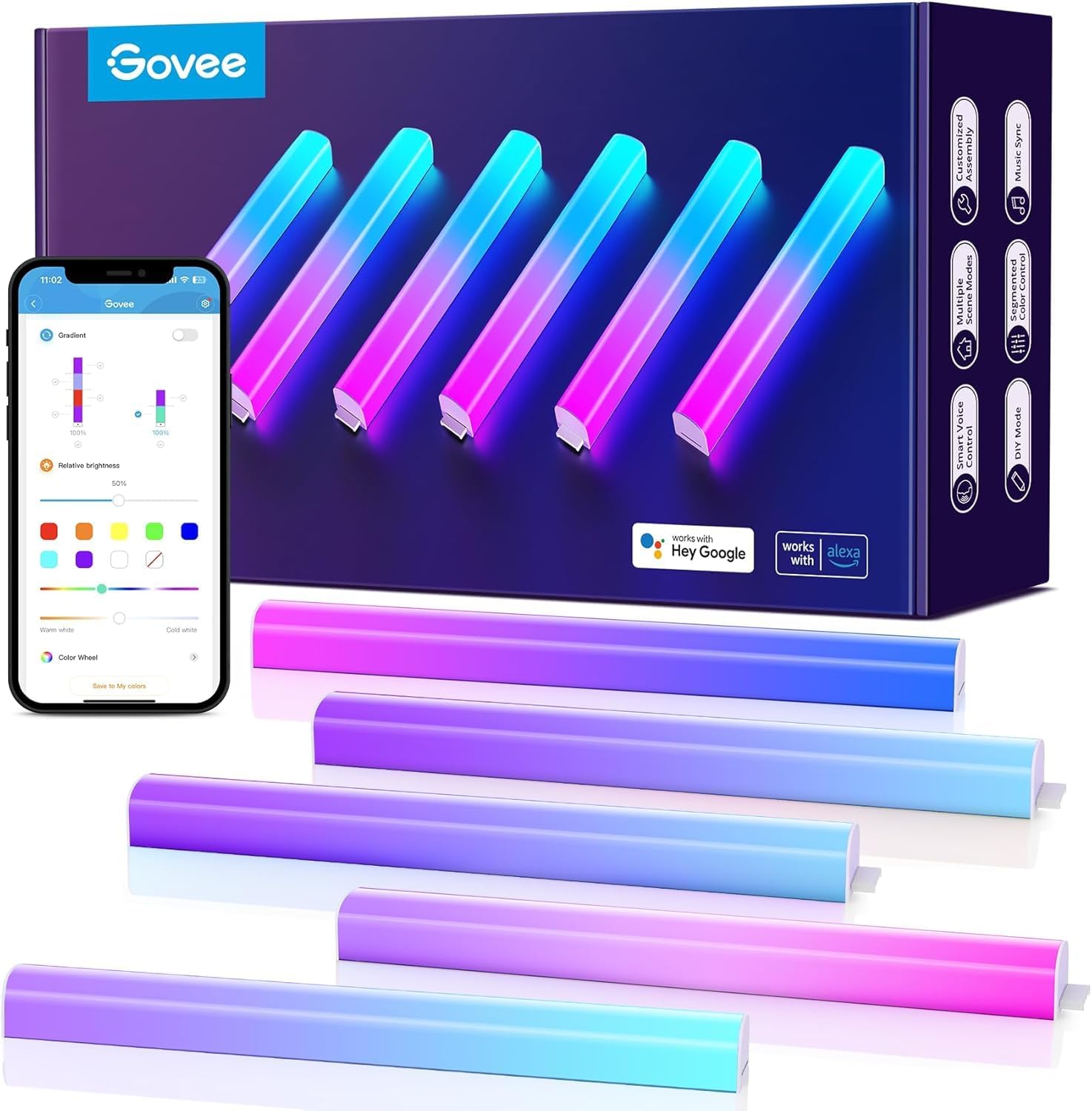Govee LED Glide Wall Lights WiFi RGBIC, Smart Lamp for Gaming Room, 6 pcs