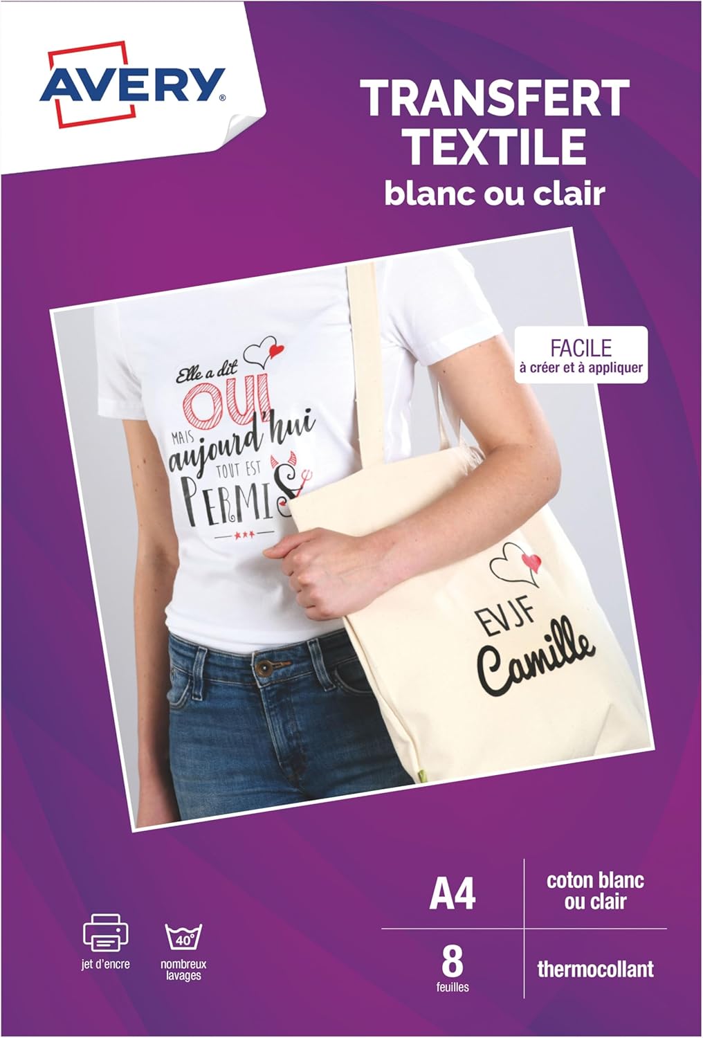 AVERY - Pack of 8 White or Clear T-shirt or Textile Transfer Papers, Customizable and Printable, A4 Size, Inkjet Printing