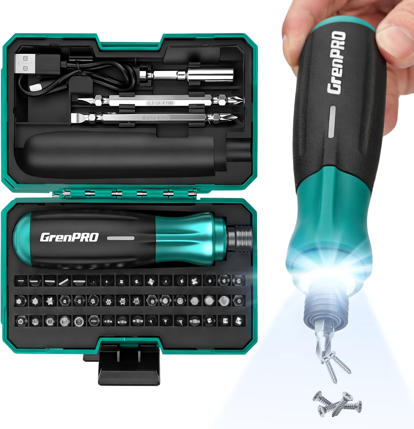 GRENPRO 4V Electric Screwdriver, Rechargeable Cordless Screwdriver Set with 51 Magnetic Bits, LED Light, Left/Right Rotation, USB Charging Cable & Carrying Case, Ideal for Home Repairs