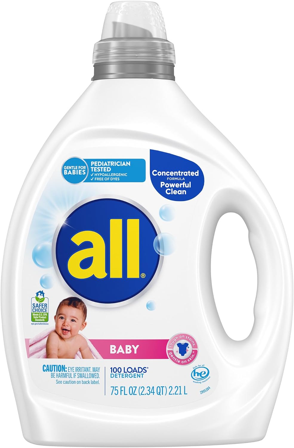 all Baby Laundry Detergent Liquid, 75oz, 100 Loads, Hypoallergenic & Dye Free, Gentle on Sensitive Skin, Tough on Stains, Pediatrician Tested, Lightly Scented, HE Safe