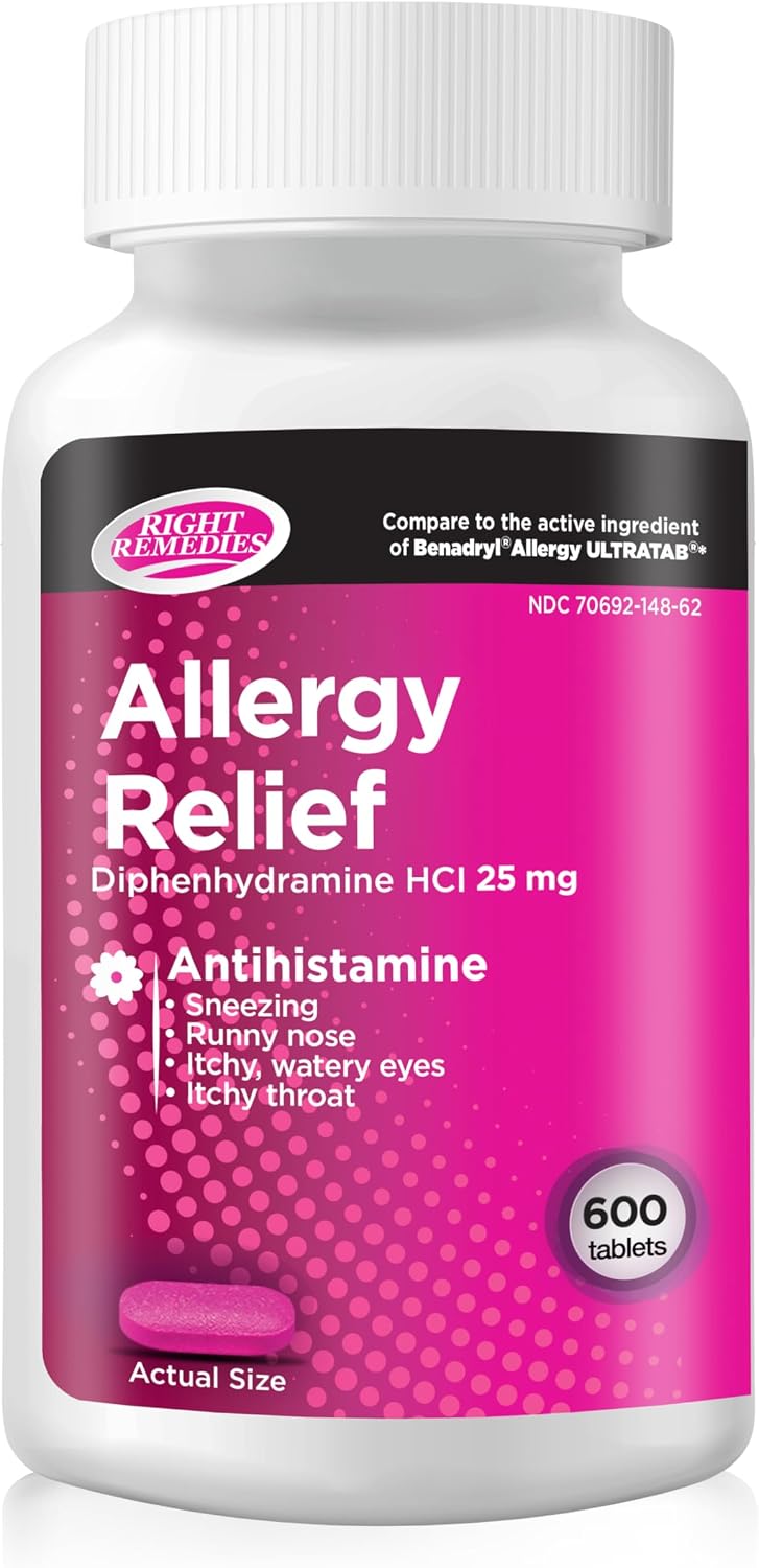 RIGHT REMEDIES Allergy Relief Antihistamine, Diphenhydramine HCl 25mg, (600 Count), Compared to the National Brand Allergy Ultratabs, Relieves Seasonal Indoor or Outdoor Upper Respiratory Allergies