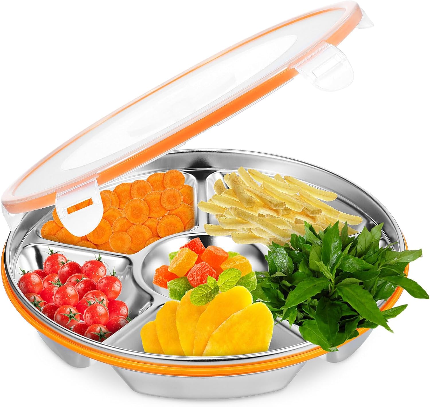 Luxshiny Divided Serving Tray with Lid, 6 Compartments Snack Tray Stainless Steel Vegetable for Party Platter Snack Box Container Fruit s Veggie