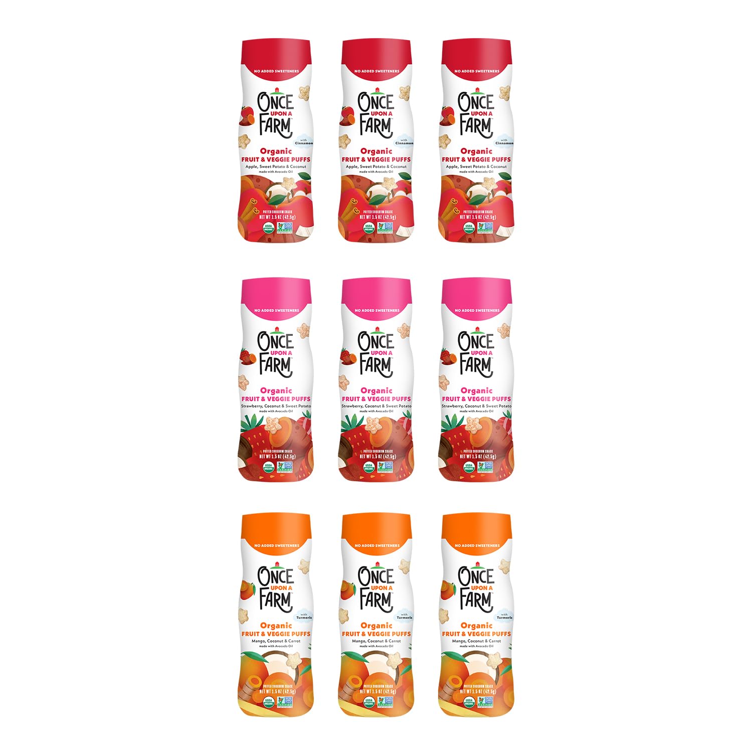 Once Upon a Farm Organic Fruit & Veggie Puffs Variety Pack, 9 Ct, Non-GMO | Once Upon a Farm Organic Puffs Variety Pack, Apple Sweet Potato, Strawberry Sweet Potato, Mango Carrot, Non-GMO, 1.5oz, 9ct