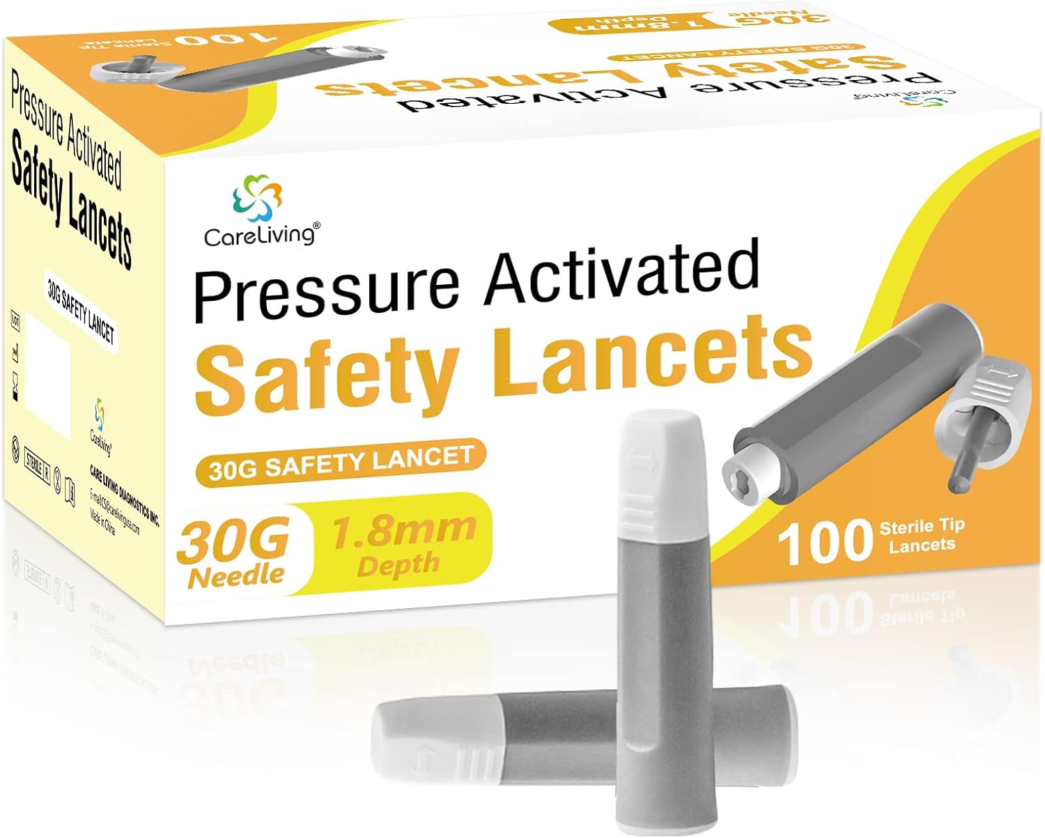 CareLiving Safety Lancets, 100 Count Sterile, Push Button Activated, 30 Gauge Needle, 1.8 mm, Single-Use, Gentle for Comfortable Testing