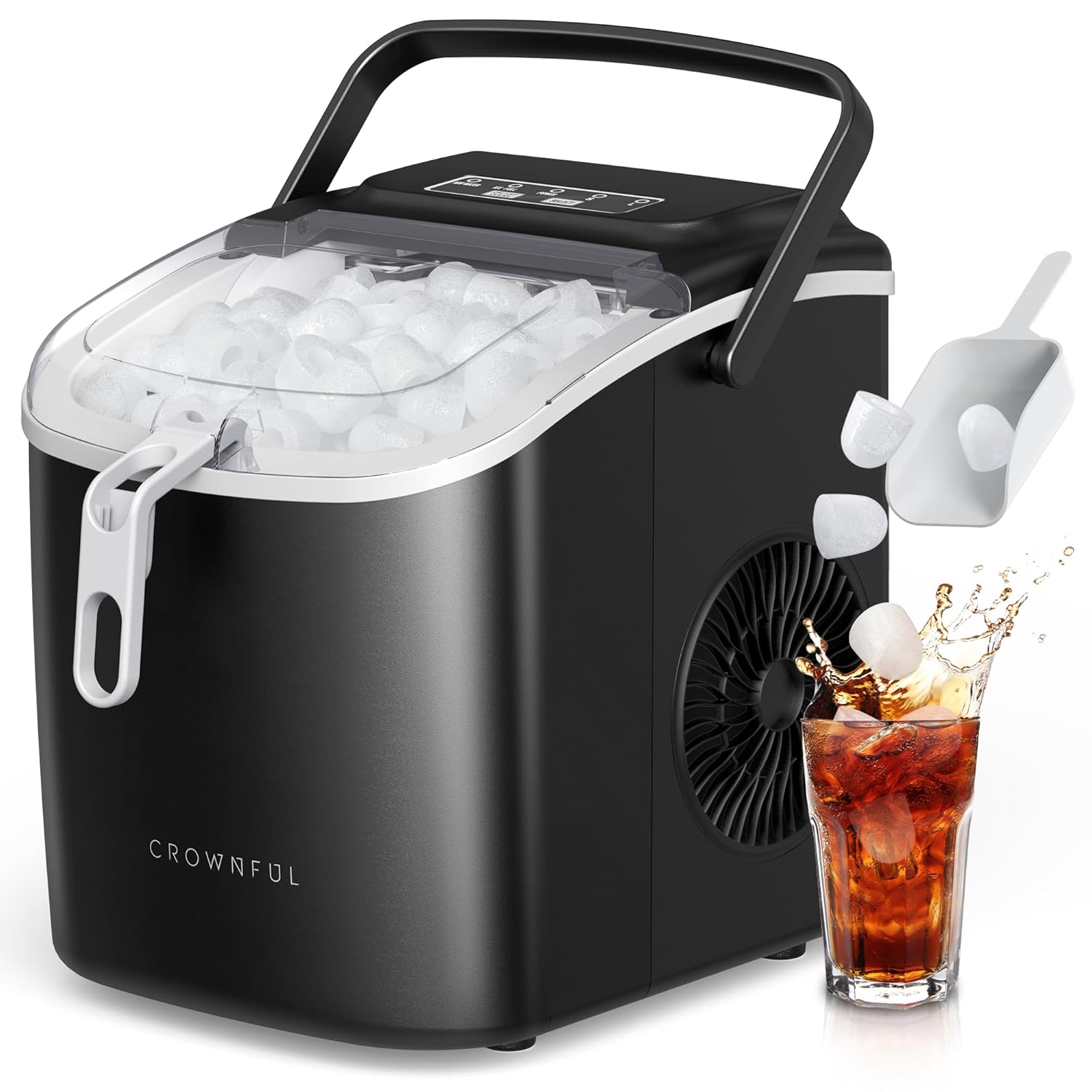CROWNFUL Ice Maker Countertop, Self-Cleaning Function, 26lbs/24H,9 Cubes in 6 Mins, Portable Ice Cube Maker Machines with Scoop & Basket for Home/Kitchen/Office/Bar/Party (Black)