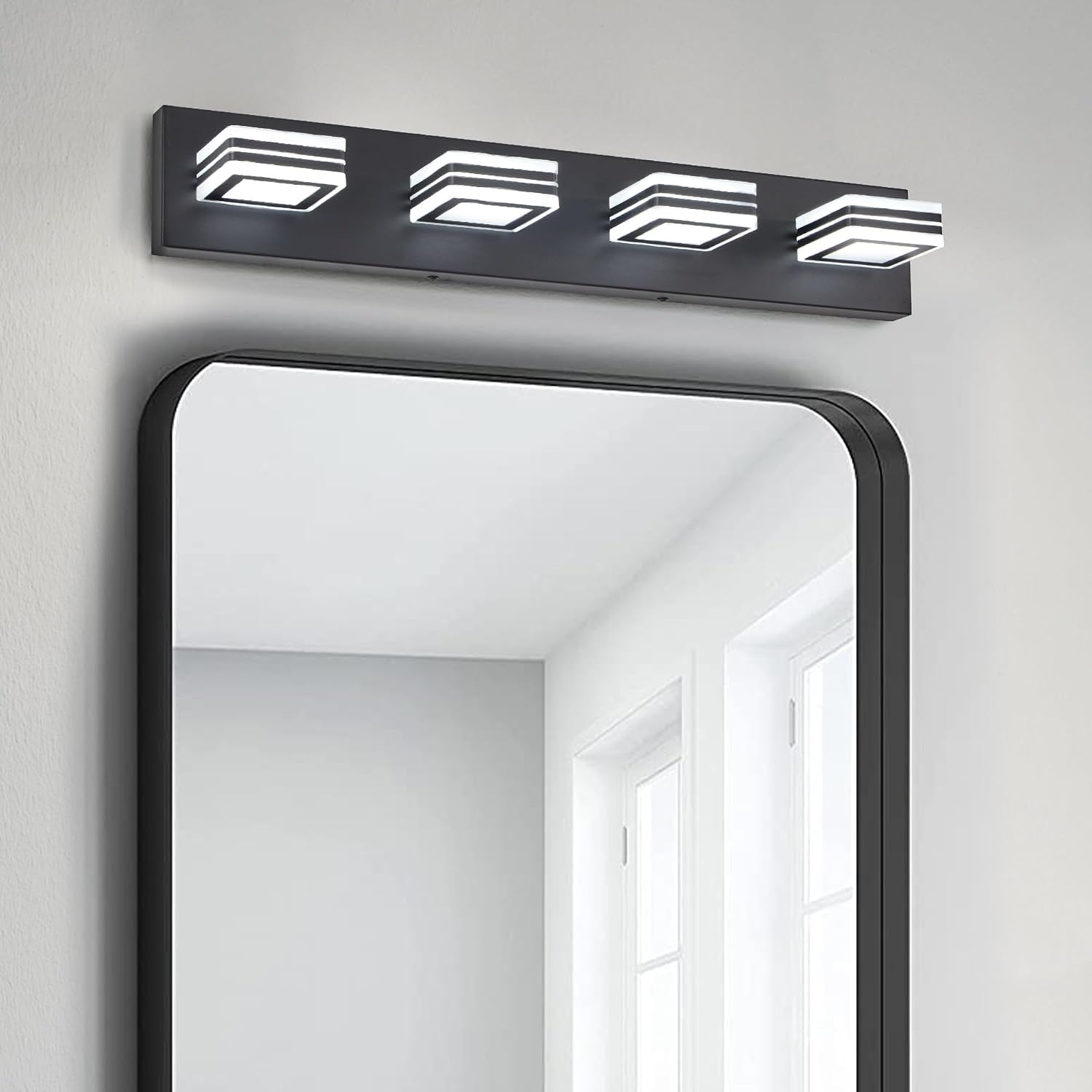 4 Light Bathroom Square Shape Vanity Light Over Mirror Modern 25.6in Led Vanity Light Fixture Lights for Bath Dimmable Matt Black