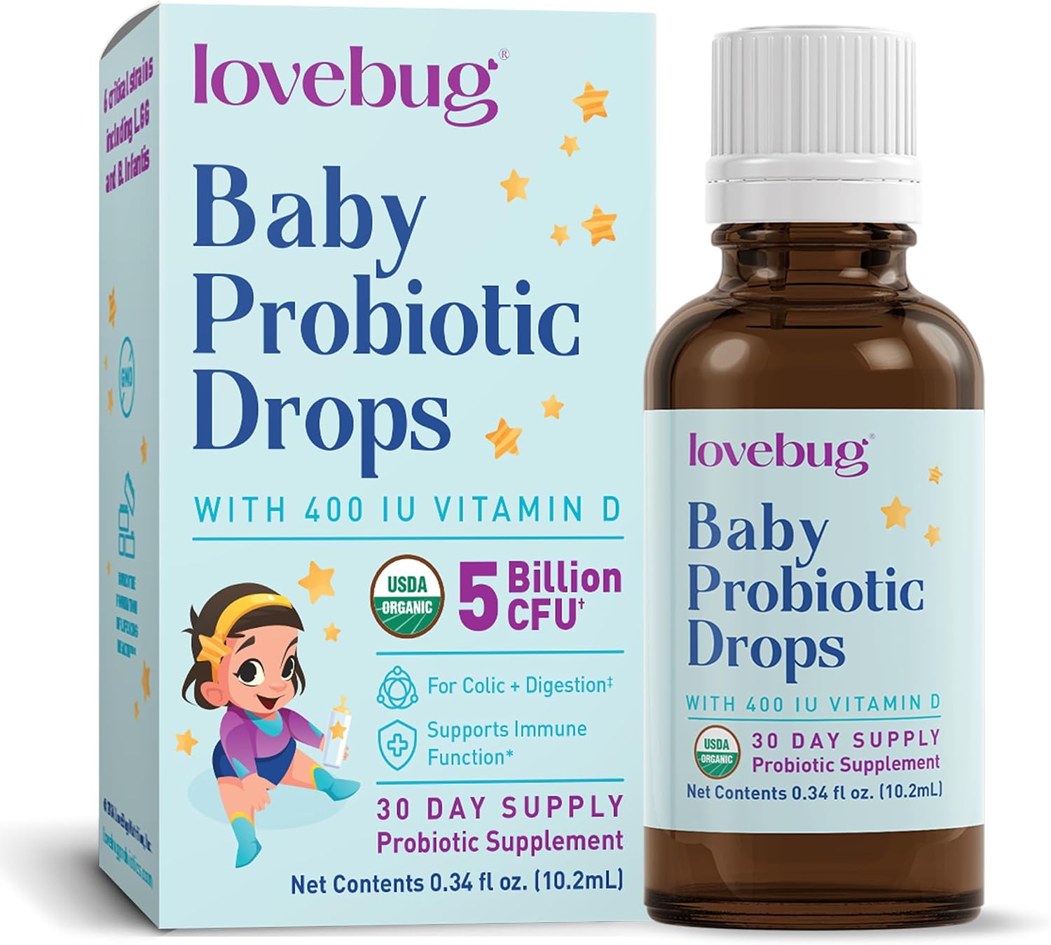 LOVEBUG Award Winning USDA Organic Probiotic for Infants & Babies 0-12 Months | Helps w/Colic, Reflux, Diarrhea, Constipation & Gas | Multi-Strain 5 Billion CFU | Liquid Drops (30 Days Supply) - 10ml