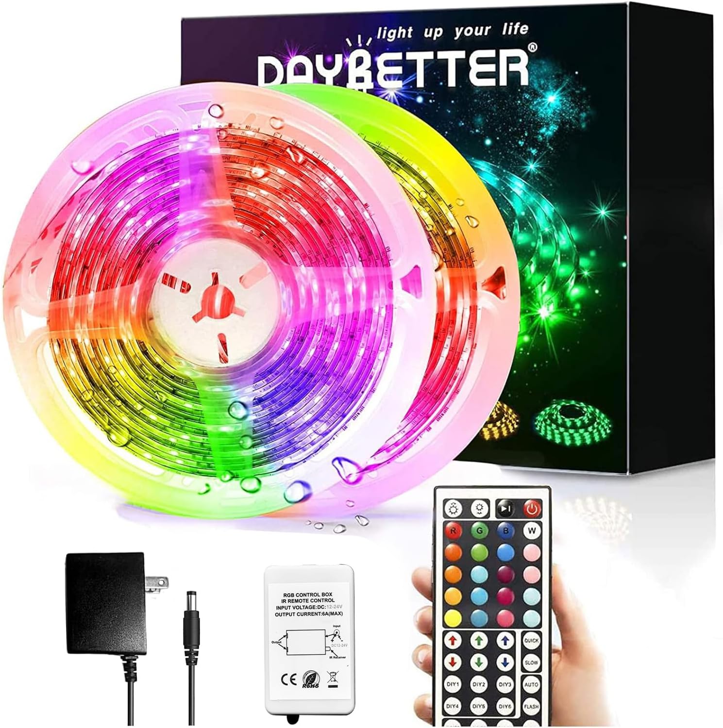 DAYBETTER Led Strip Lights Waterproof, 32.8ft(2 Rolls of 16.4ft) Led Tape Lights Color Changing 300 LEDs Light Strips Kit with 44 Keys Ir Remote Controller and 12v Power Supply for Indoor Outdoor Use