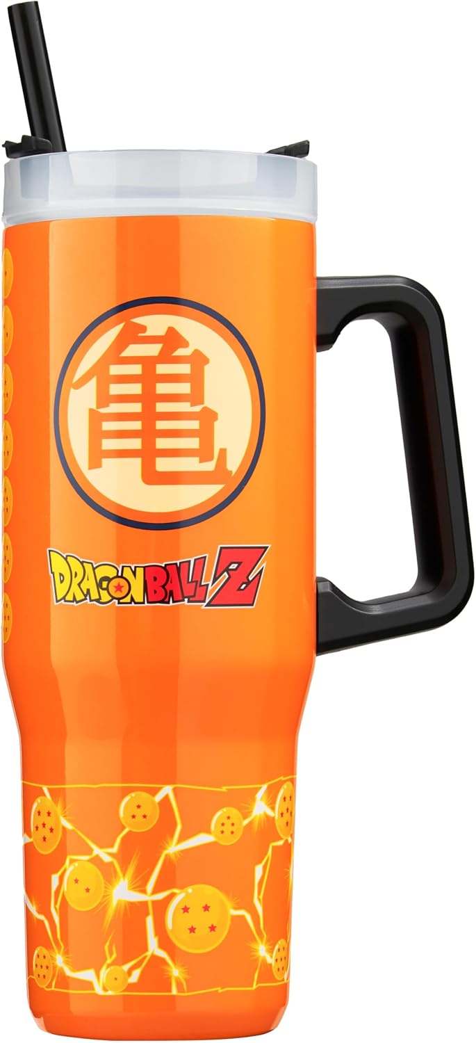 Get Trend Dragon Ball Z Tumbler with Handle and Straw 32 oz, Keeps Hot 8 Hrs, Cold 12H & Ice 42H, BPA-Free Insulated Stainless Steel Water Bottle, Travel Mug, Anime Gifts (Orange Dragon Ball)