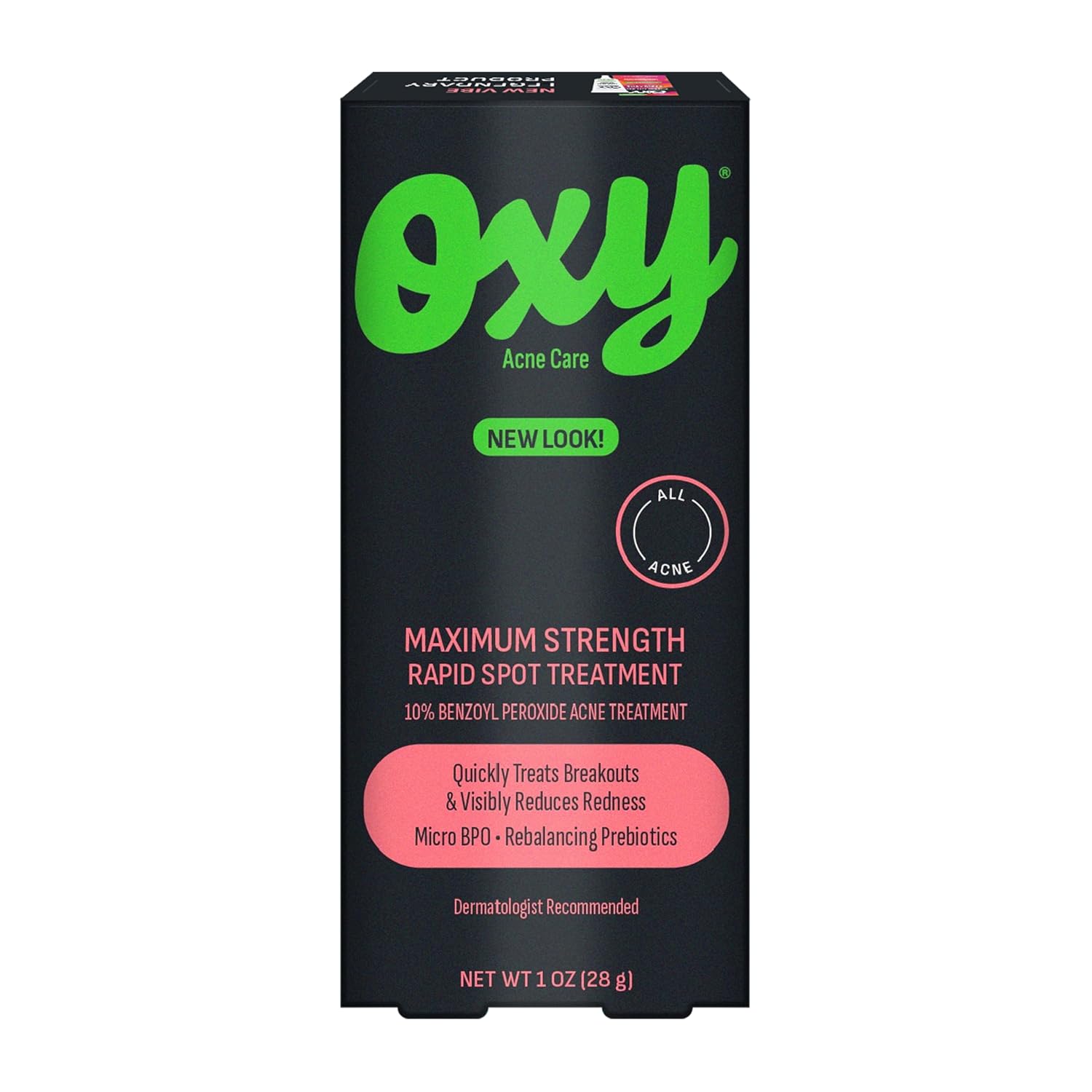 Oxy Rapid Acne Spot Treatment for Face & Body, Maximum Strength 10% Benzoyl Peroxide Blemish Cream Medication for Blackheads, Prebiotic Pimple Cream, 1 oz