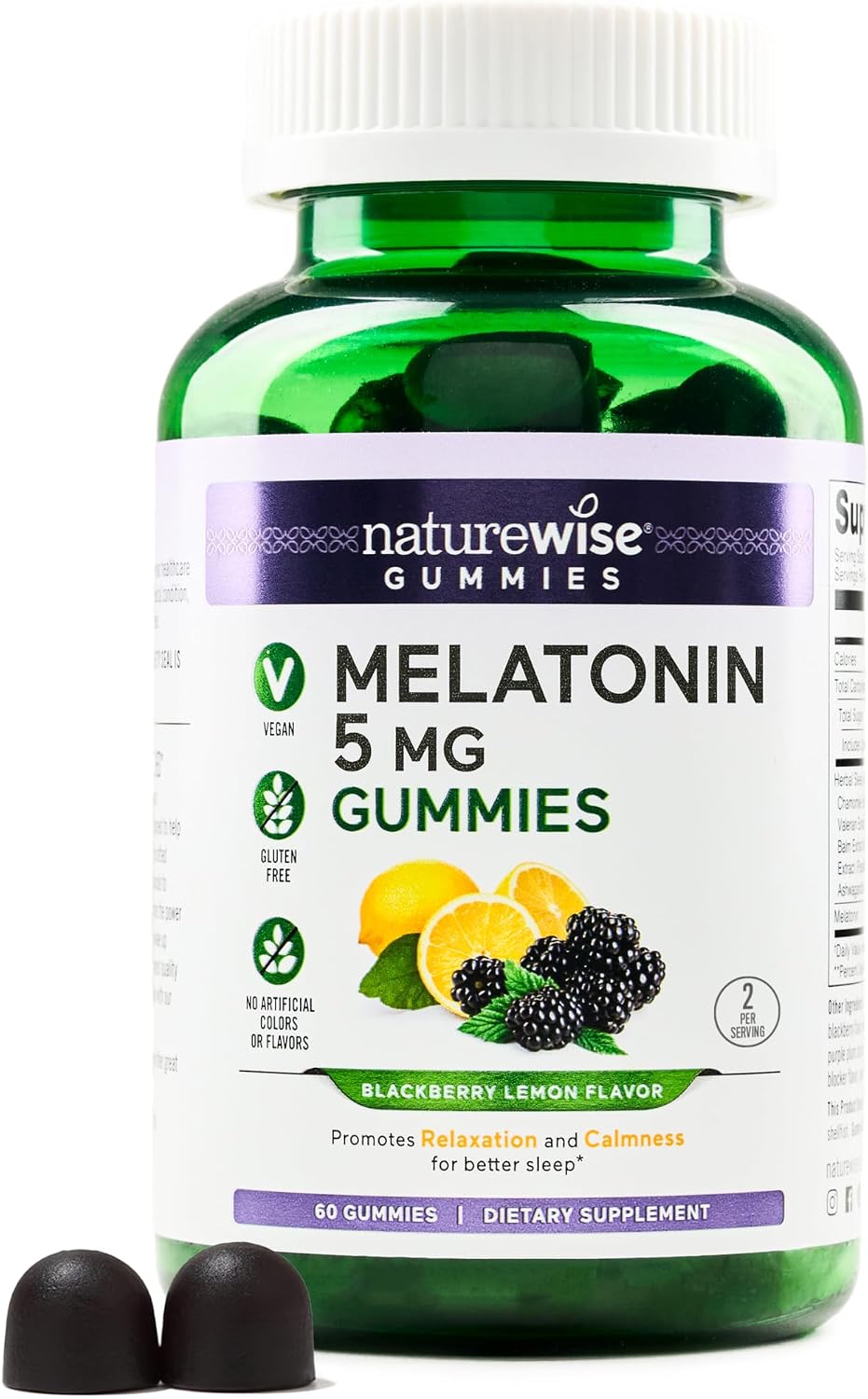 NatureWise Melatonin Gummies 5mg - Drug Free, Non-Habit Forming Sleep Support w/Ashwagandha, Valerian Root, Lemon Balm - BlackBerry-Lemon - Vegan, Gluten Free, Non-GMO - 60 Count[1-Month Supply]