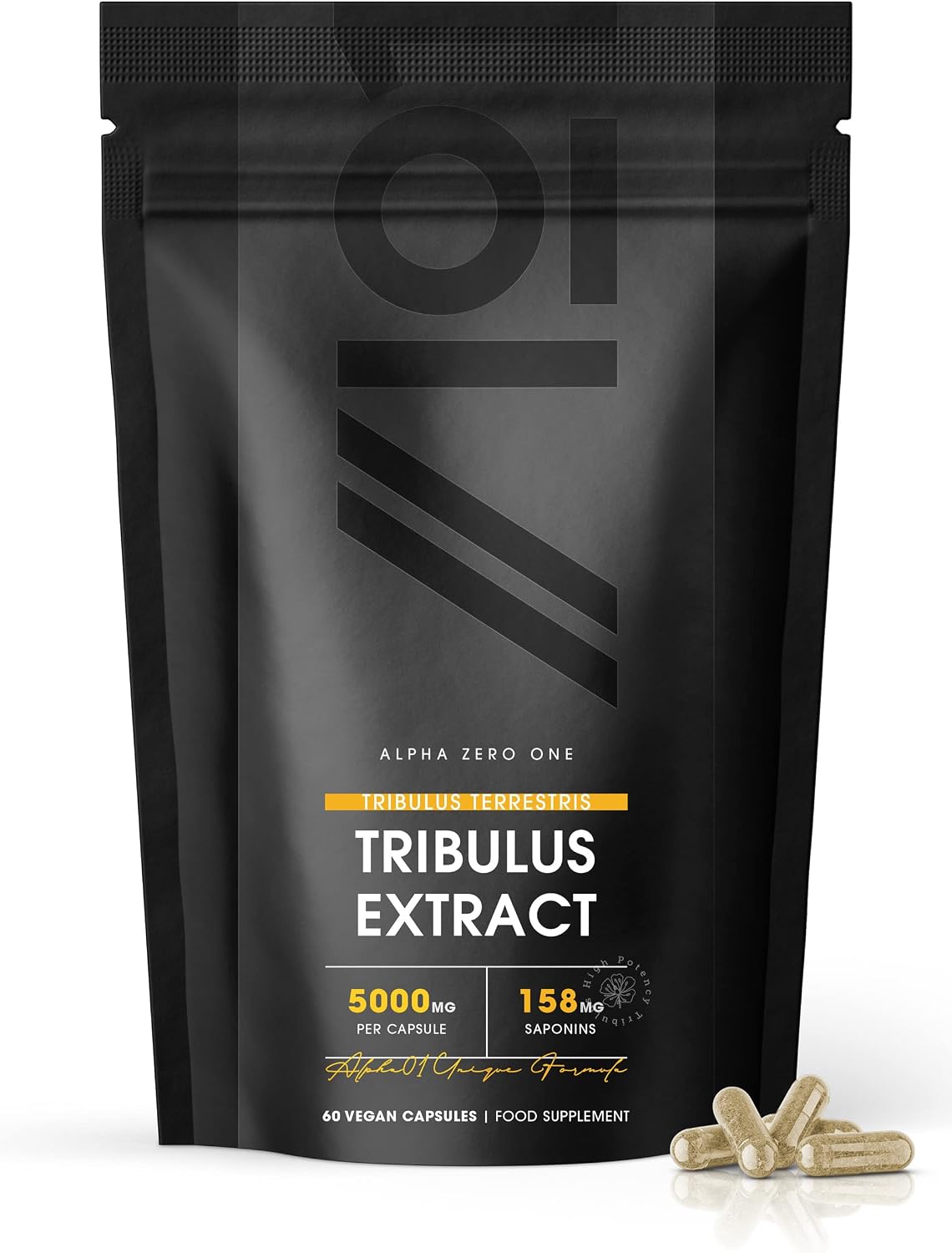 Tribulus Terrestris Extract 5000mg – High Strength 95% Saponins - 60 Vegan Capsules (2 Months Supply) - Resealable and Recyclable Pouch – by Alpha01