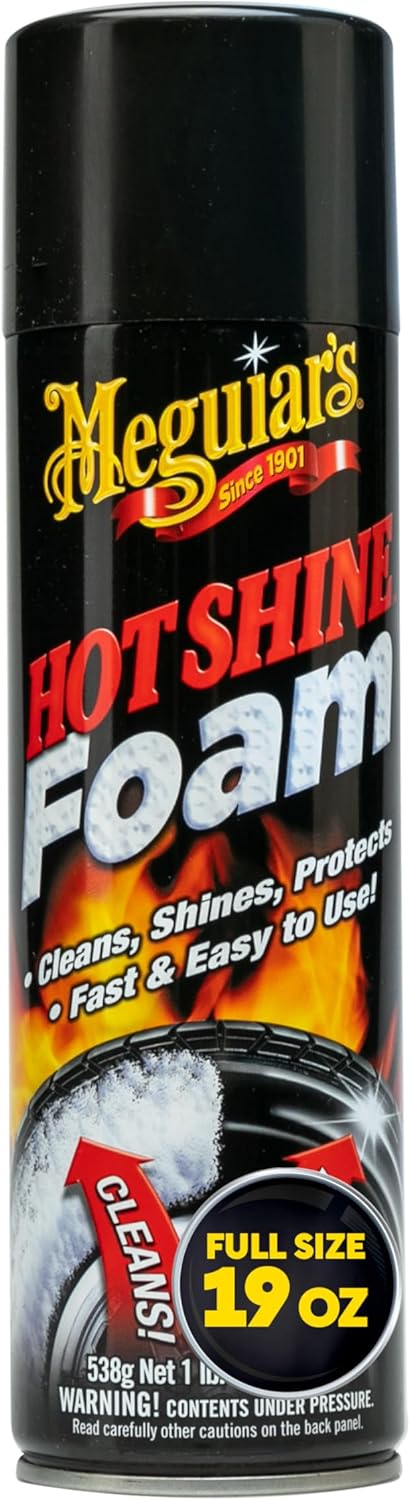 Meguiar's Hot Shine Tire Foam - High Goss Tire Shine That Cleans, Shines, and Protects in One, Deep, Black Shine with Conditioners and UV Protection to Help Keep Tires Looking Like New, 19 Oz Aerosol