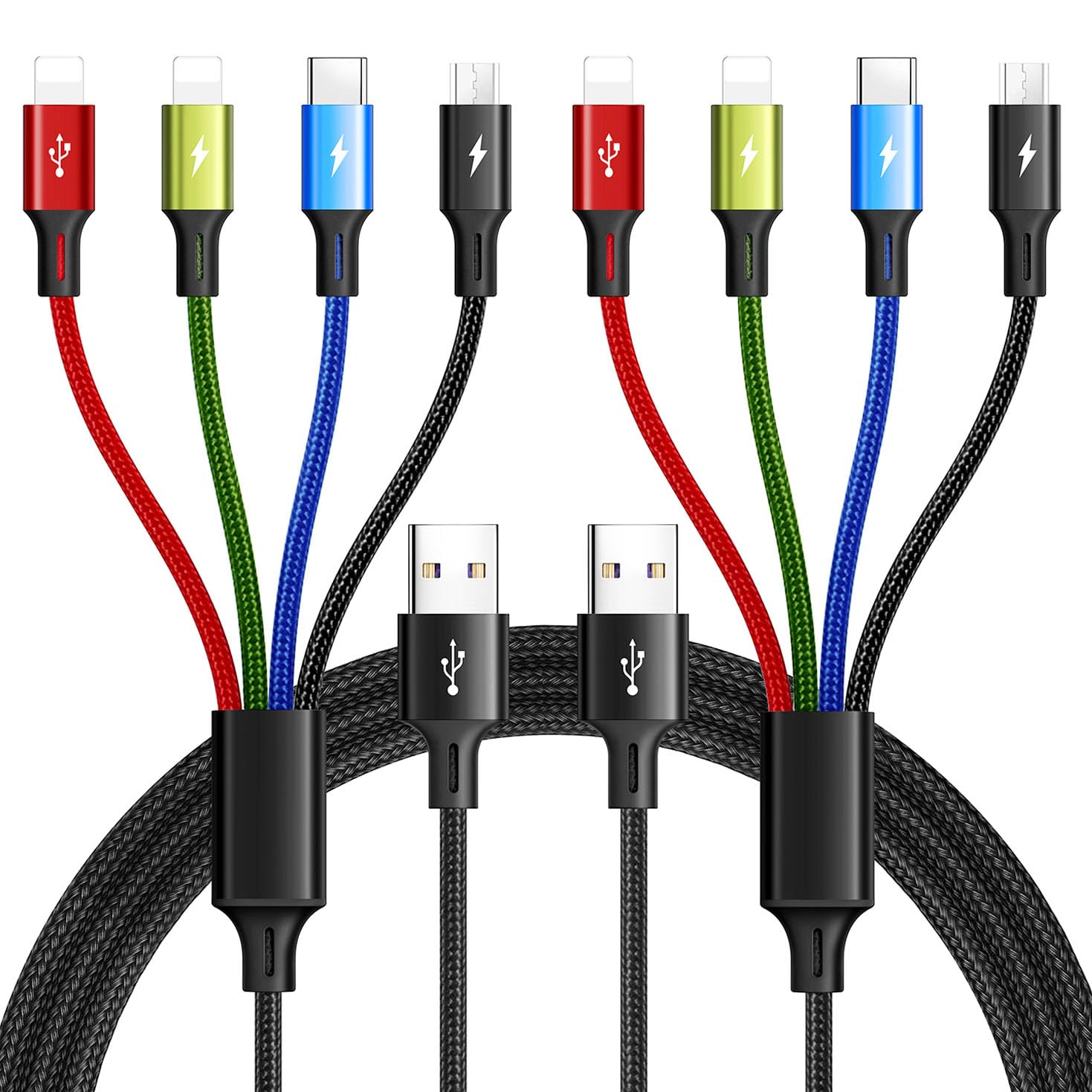 Multi Charging Cable 3.5A Multiple Charger Cable Braided 4 in 1 Multi USB Cable Fast Charging Cord with IP/Type C/Micro Ports for Cell Phones/iPhone Series/Tablets/Samsung Galaxy & More (2Pack 4Ft)