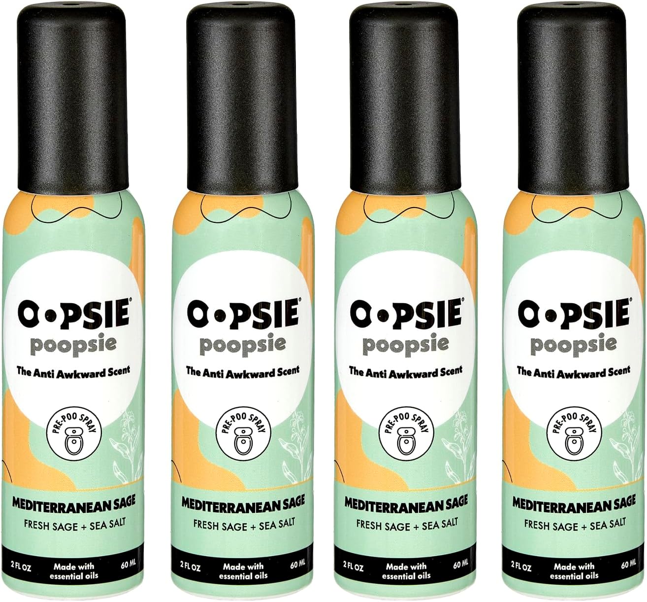 Oopsie Poopsie Toilet Spray – Before & After You Go Bathroom Odor Eliminator & Neutralizer Spray, Travel Size with Essential Oils, TSA Approved – Mediterranean Sage 4 Pack – 2 Oz.