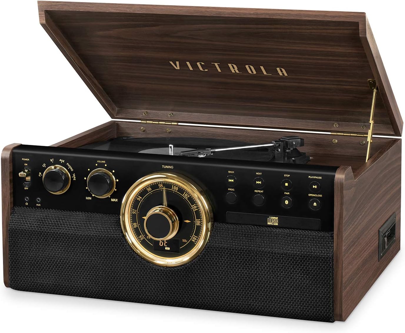Victrola VTA-270B-ESP Empire Bluetooth 6/1 Mid Century Turntable Entertainment System (Espresso) | Mid-century wood music center plays vinyl, CD, cassette, FM radio and aux, built-in stereo speakers, RCA out, headphone jack