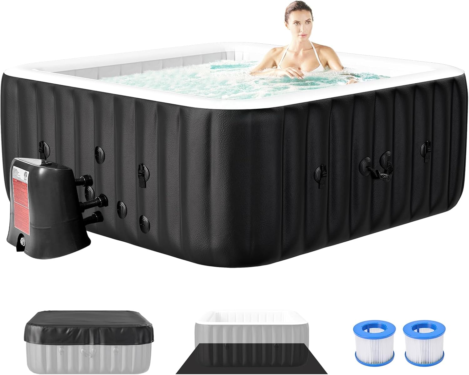 Inflatable Hot Tub, 240 Gal Large Square Portable Blow Up Hot Tub, 4-6 Person Leak-Proof PVC Outdoor Spa with 120 Air Jets, Heater Pump and Insulated Cover, 73x25 Inch