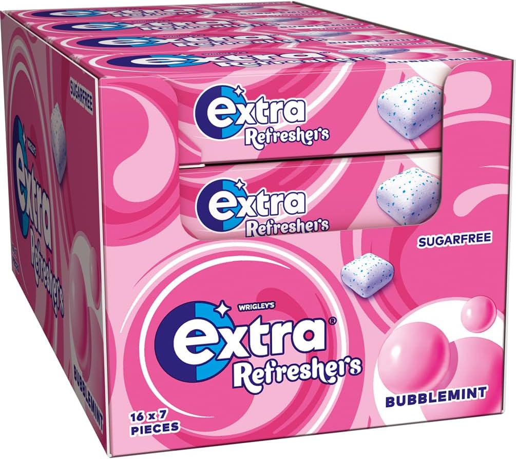 Wrigley's Extra Refreshers Chewing Gum, Bubblemint Flavour, 16 Packs of 7 Pieces, Sugar Free Chewing Gum Bulk Pack with Xylitol, Handy Box (112 pieces)