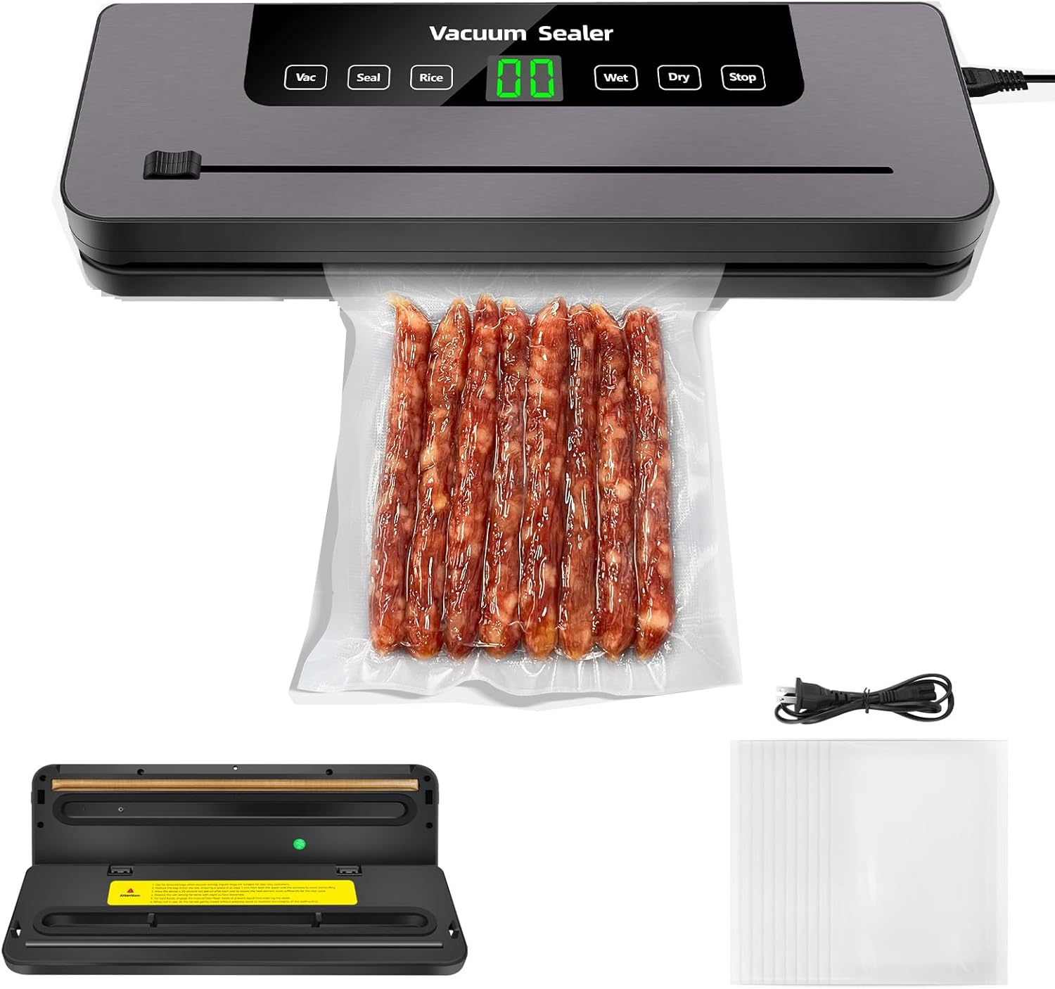 Vacuum Sealer Machine Strong Suction 6 Modes for Dry & Moist Foods Built-in Cutter, Vacuum Food Sealer for Keep Meat Vegetables Snacks Fruits Grains Fresh, Includes 10 Vacuum Bags, Black