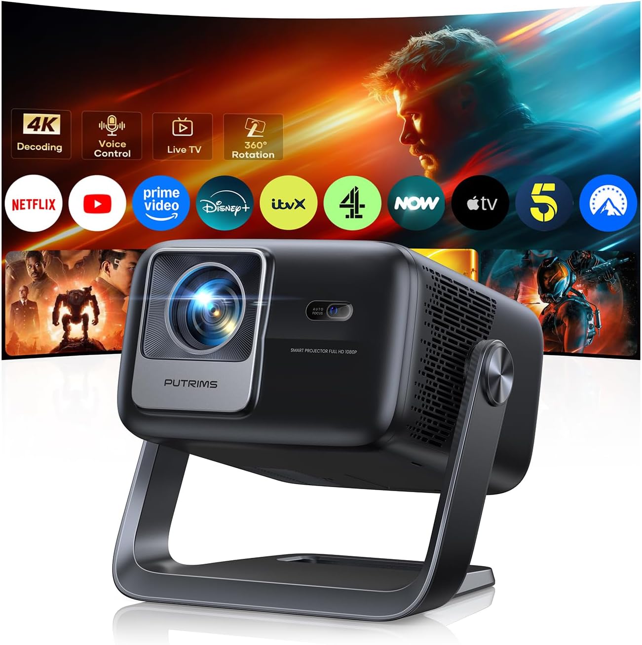 4K Projector with Google TV, 1200 ANSI Native 1080P 4K Decode Home Cinema Projector Smart Short Throw with 360 Stand, 30W Speaker, AI Auto Focus, 6D Keystone, HDR10 Projectors for Bedroom, Outdoor