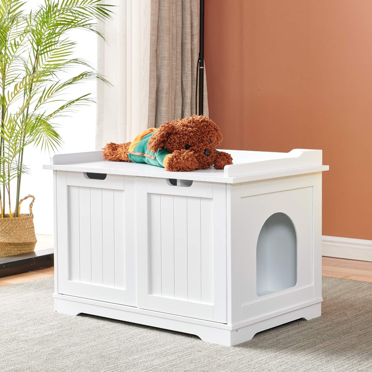 BELIFEGLORY White Cat Litter Box Enclosure, Wooden Indoor Cat House Litter Tray Cover, Easy Assembly Sturdy Structure Furniture, Fit Most of Litter Box (Large)