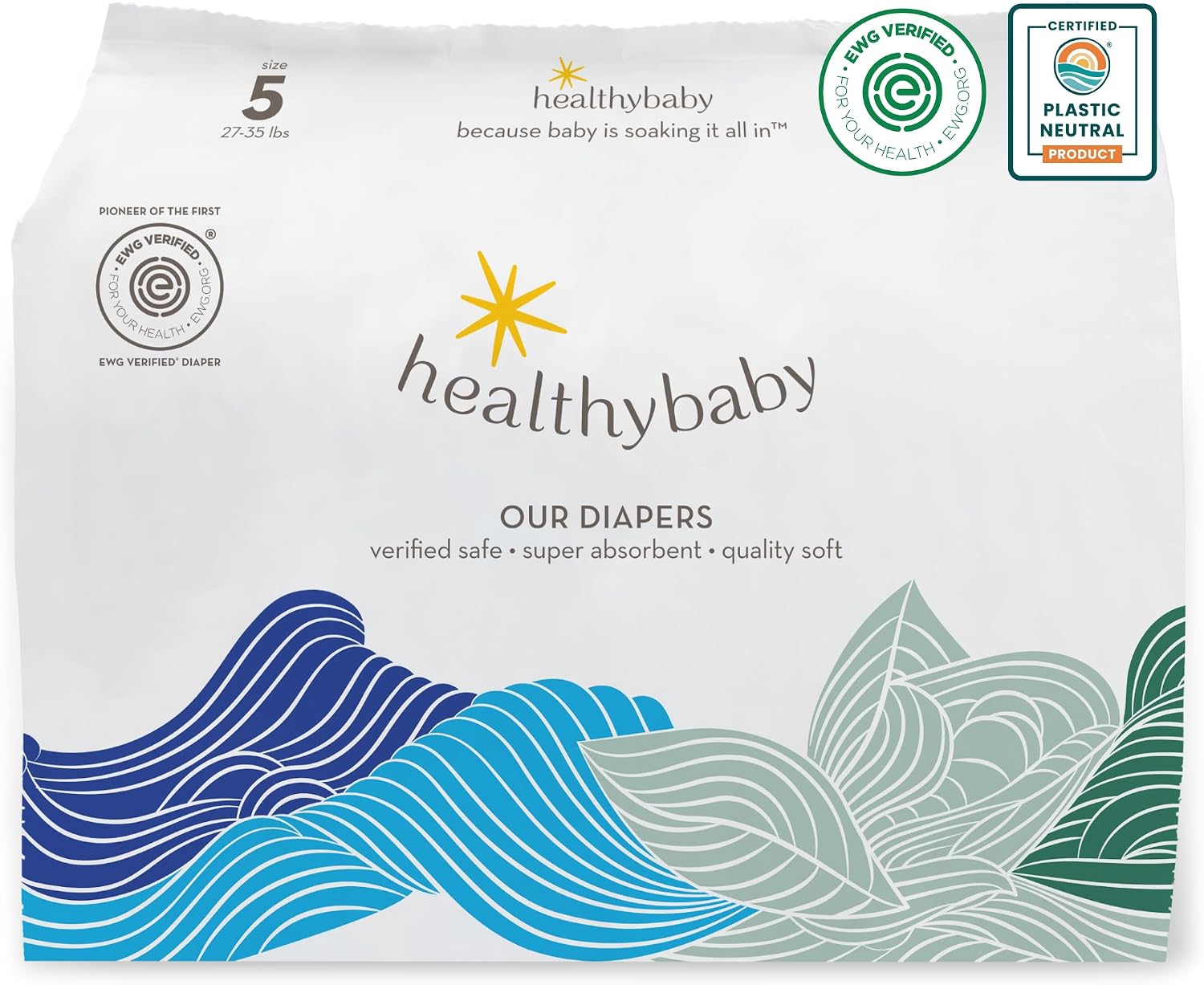 Our Diapers | EWG Verified Safe & Plant-Based Diapers | Leak Protection | Soft Organic Cotton Shell | Chlorine-Free Diaper for Sensitive Skin | Size 5 (27-35 lbs) 90 Count