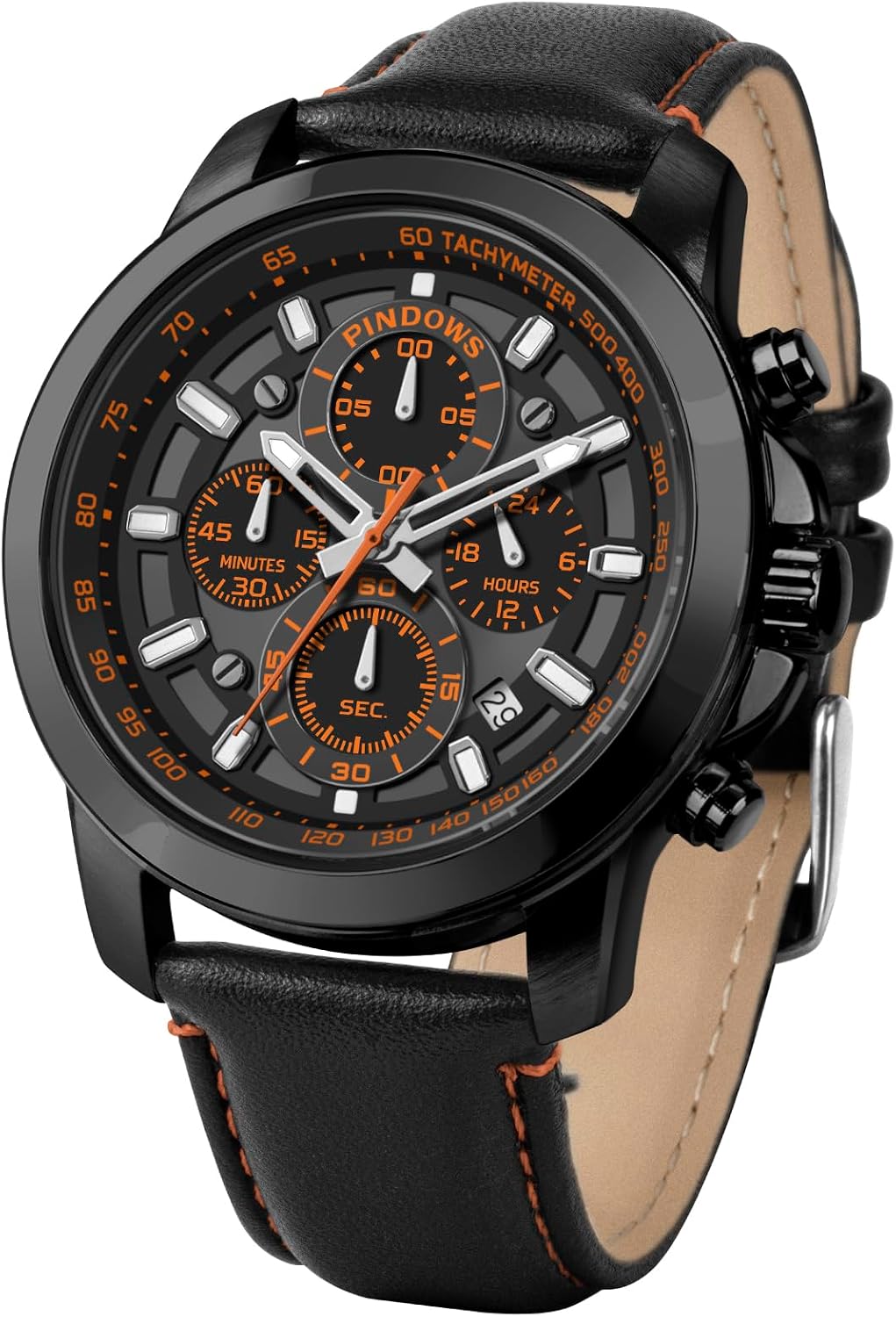 PINDOWS Watches for Men Luxury Quartz Chronograph Watch with Date, Big Face Waterproof Business Wristwatch, Stainless Steel Band, Luminous Hands, Diamond Accents