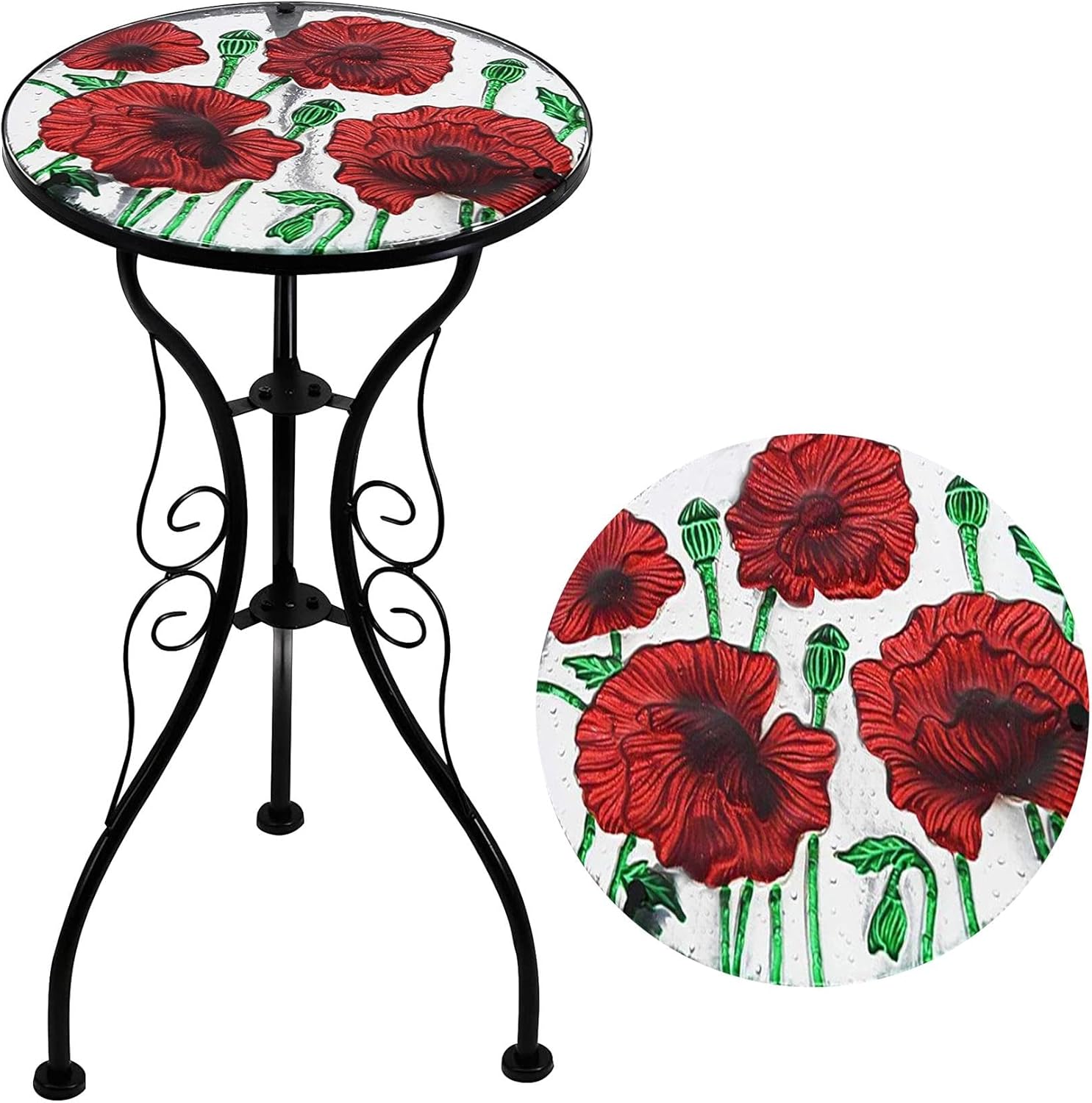 GEEZY Mosaic Garden Table – Poppies Design, Weatherproof Glass & Iron, Small Round Outdoor Patio Coffee Versatile Bistro Side Table Plant Stand for Home & Gift, 30.5 cm Diameter, Garden Tables Only