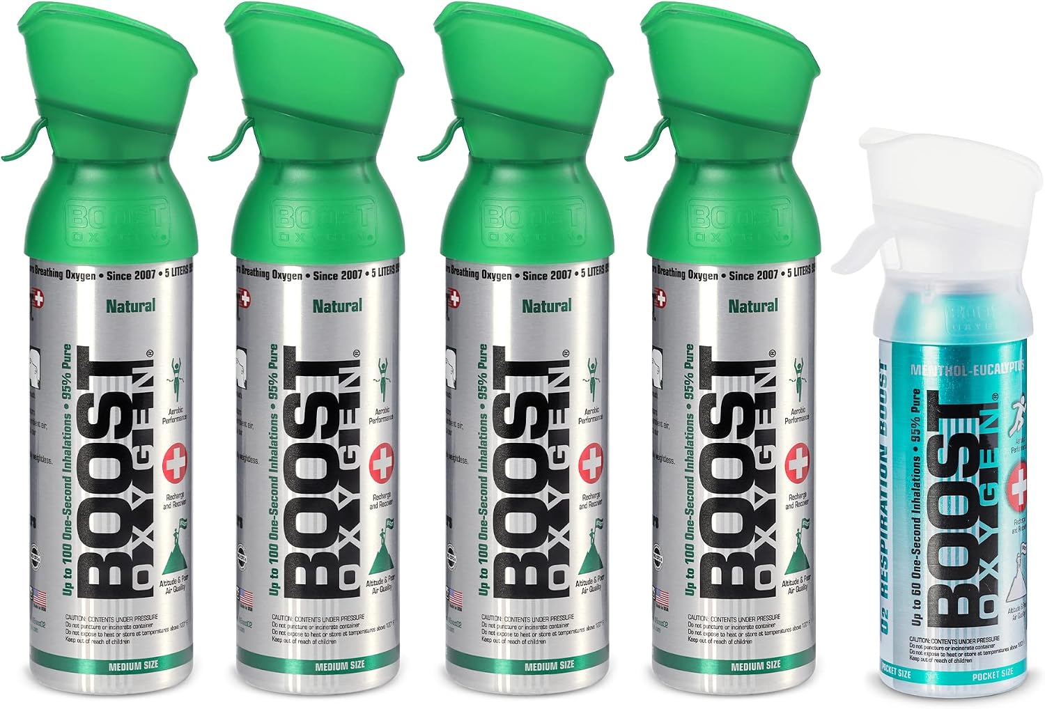 Boost Oxygen Canned 4 Portable 5 Liter Natural Oxygen Canister Bottle with 1 Natural Pocket Sized Pure Canned Oxygen Bottle Canister