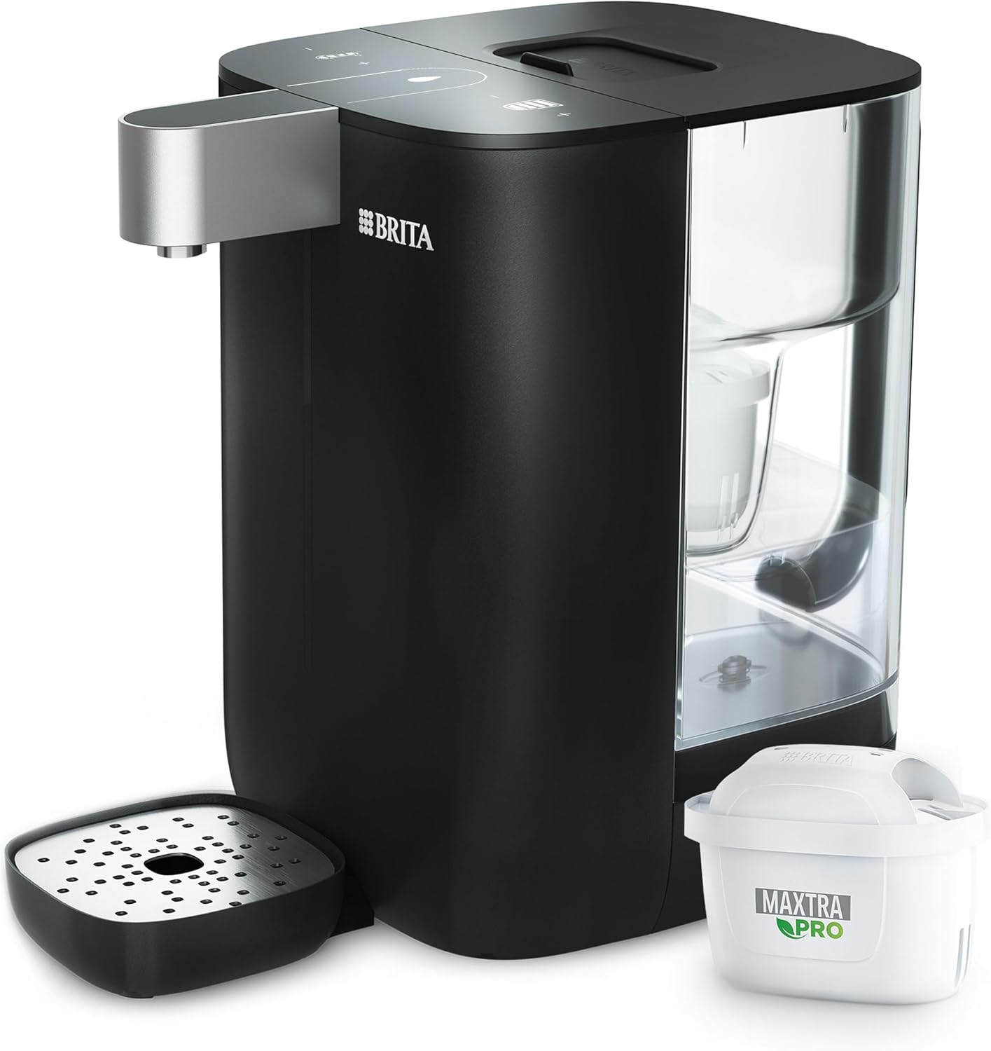 BRITA Cube Ambient & Hot Water Dispenser Black (4.0 L) various temperature and cup-size presets, ultimate safety with UV-C technology for bacteria-free water & integrated MAXTRA PRO filter