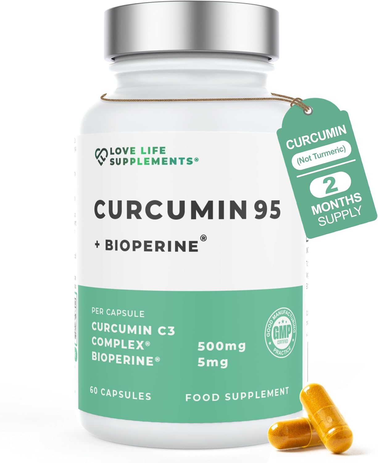 Curcumin 95 + Bioperine® by LLS | High Strength Turmeric Curcumin Capsules containing 96.9% Curcuminoids and Black Pepper Extract | 500mg x 60 Veg Capsules | Made in UK Under GMP/BRC License