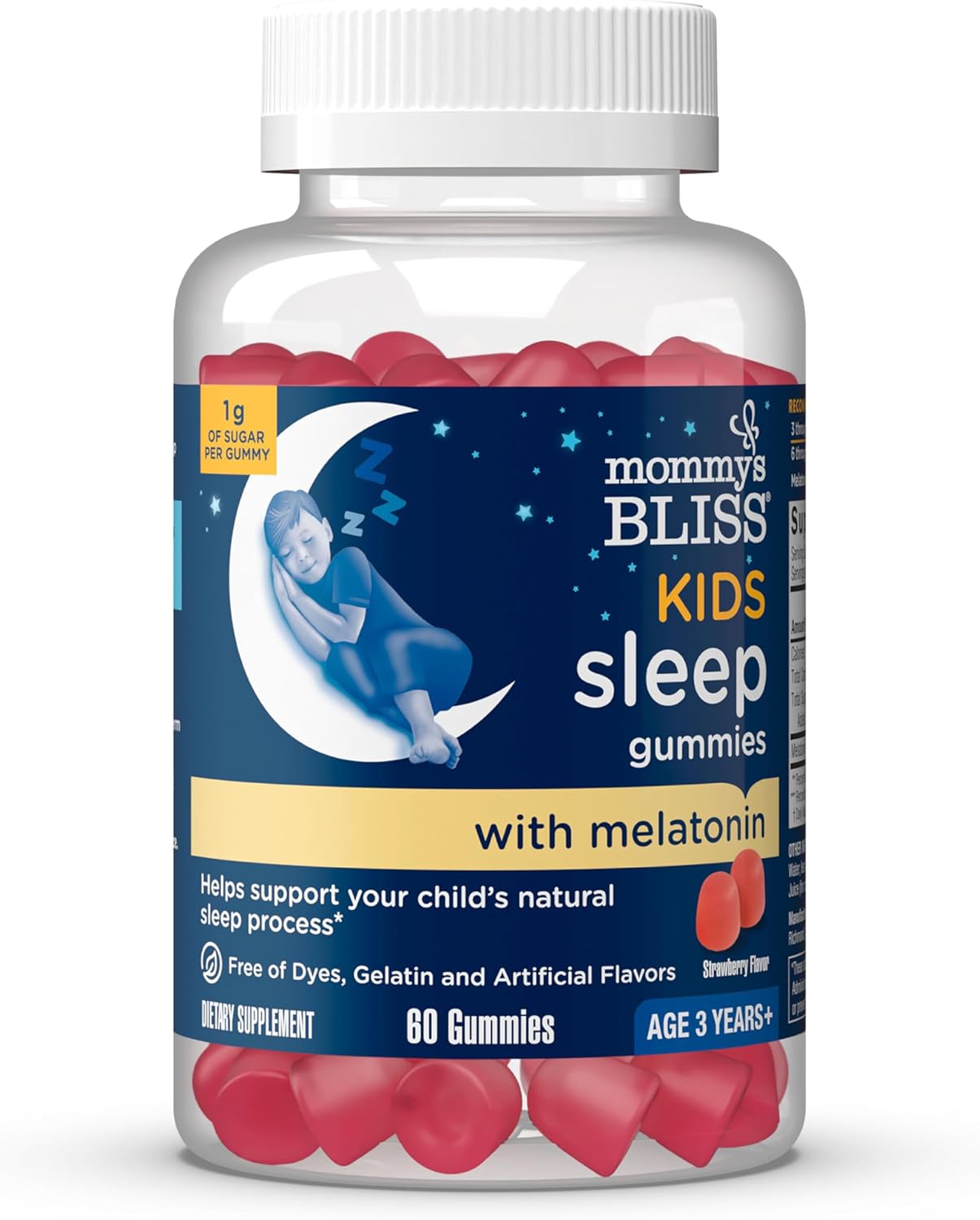 Mommy's Bliss Kids Sleep Melatonin Gummies, Free of Artificial Colors, Flavors, or Gelatin, Strawberry Flavor, Age 3+ (60 Gummies)